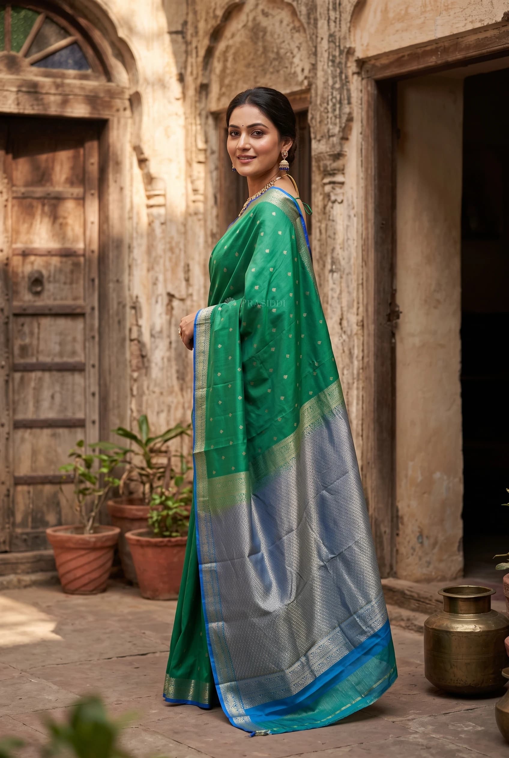 Green & Teal Silk Saree with Woven Work and Designer Motifs and minimal border border – Model Displaying Full Saree