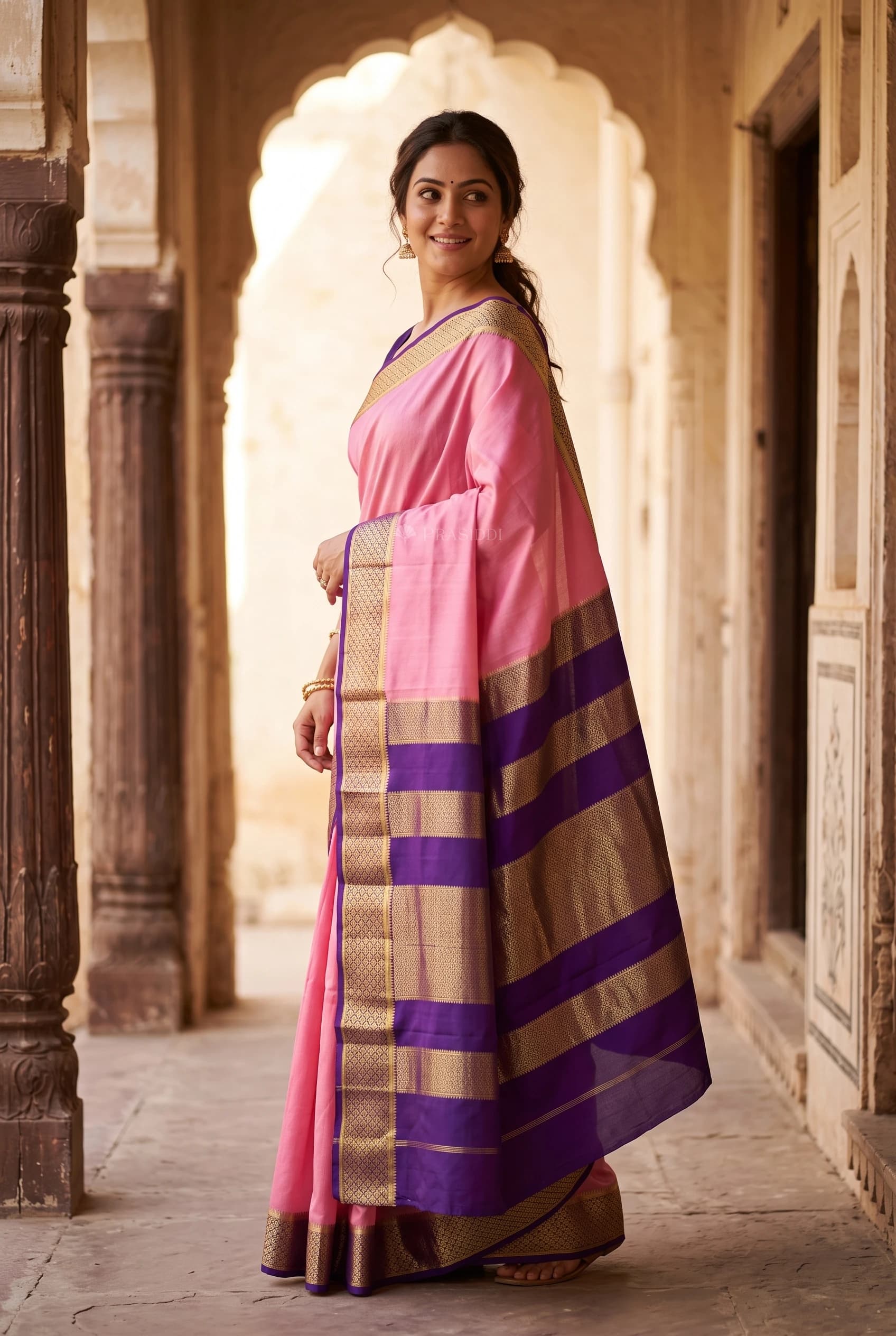 Light Pink Mysore Silk Saree with Dark Purple Contrast Woven Zari Border. – Model Displaying Full Saree
