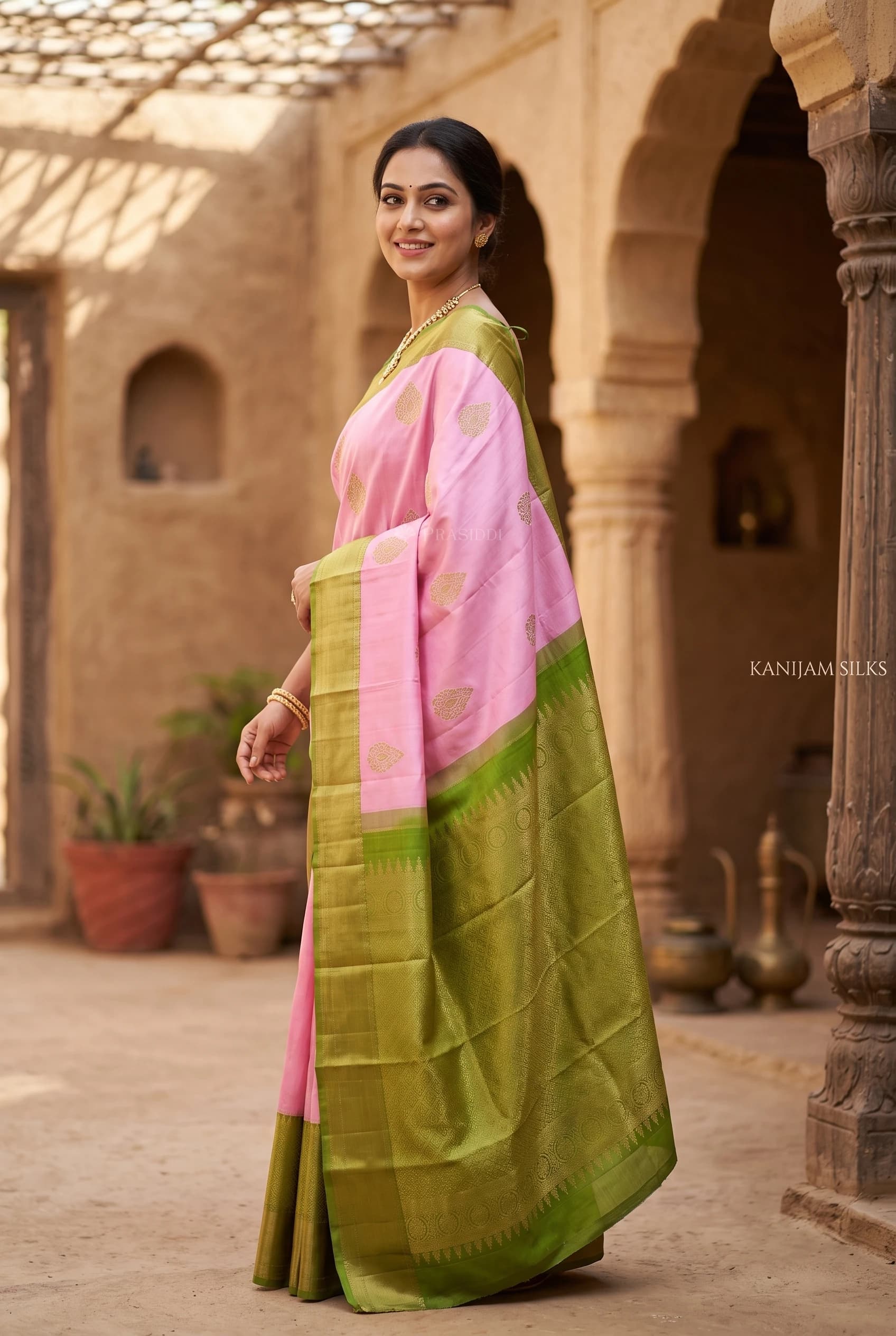 Light Pink & Olive Green Silk Saree with Woven Work and Traditional Motifs and contrast border border – Model Displaying Full Saree