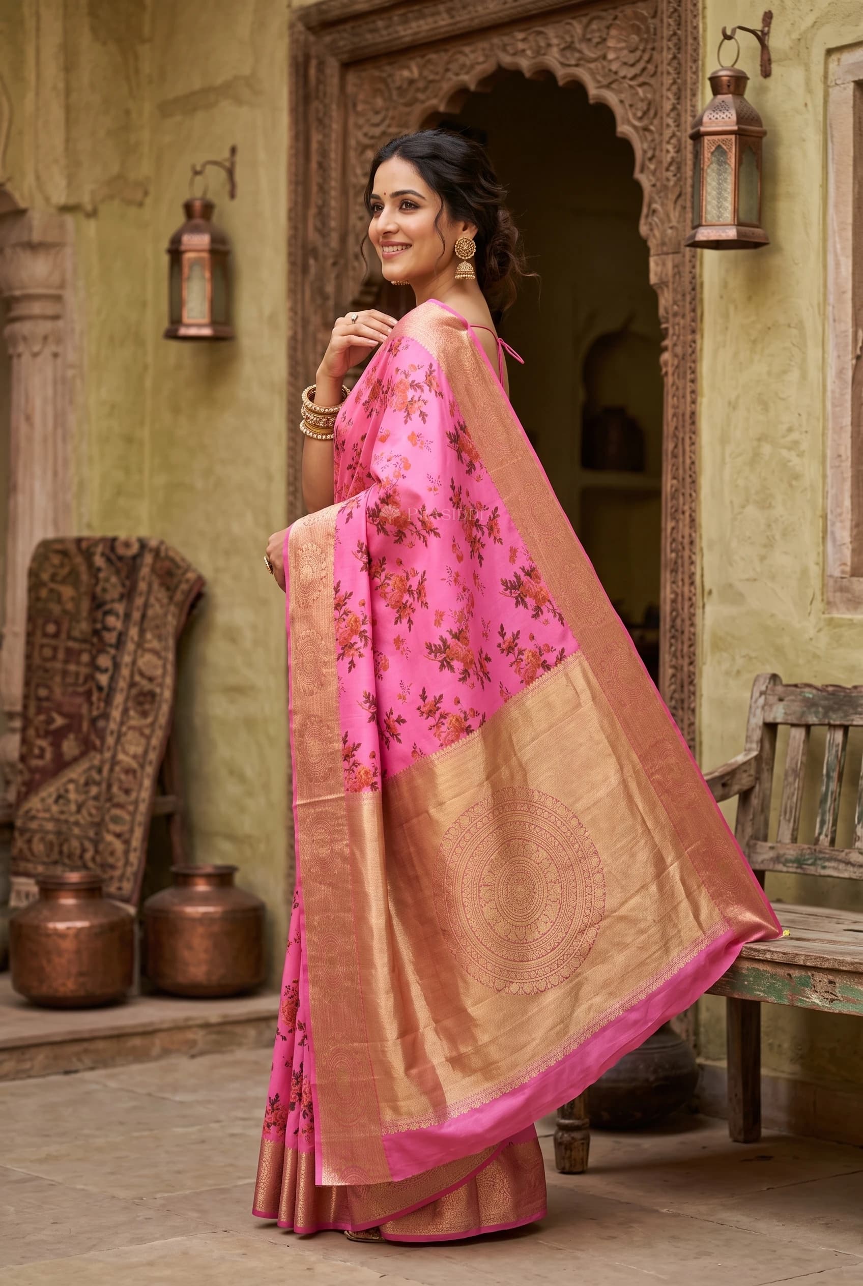 Light Pink Silk Saree with a Classical Border, Featuring Woven and Printed Designs. – Model Displaying Full Saree