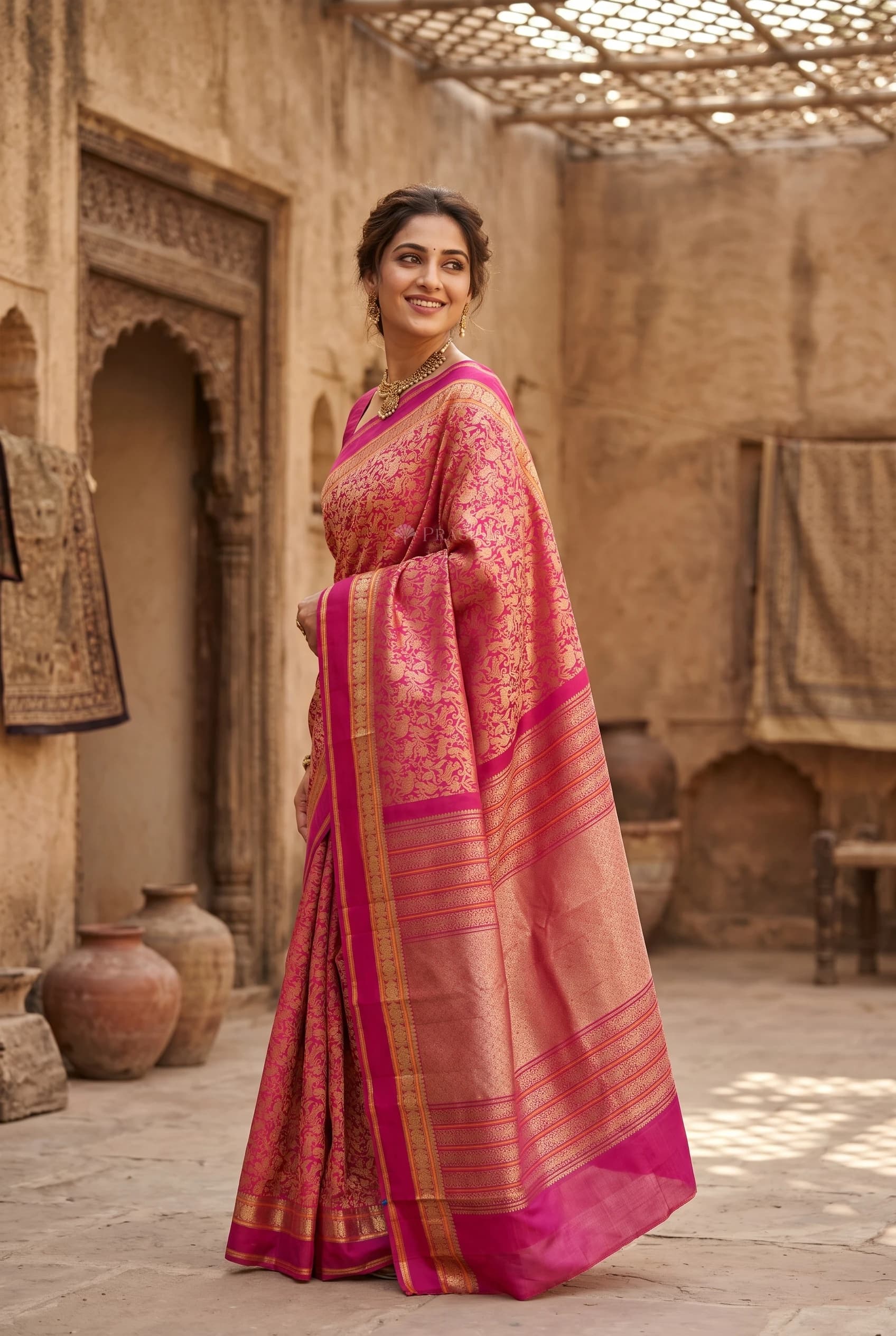 Magenta Silk Saree with a Designer Border Displayed Elegantly. – Model Displaying Full Saree