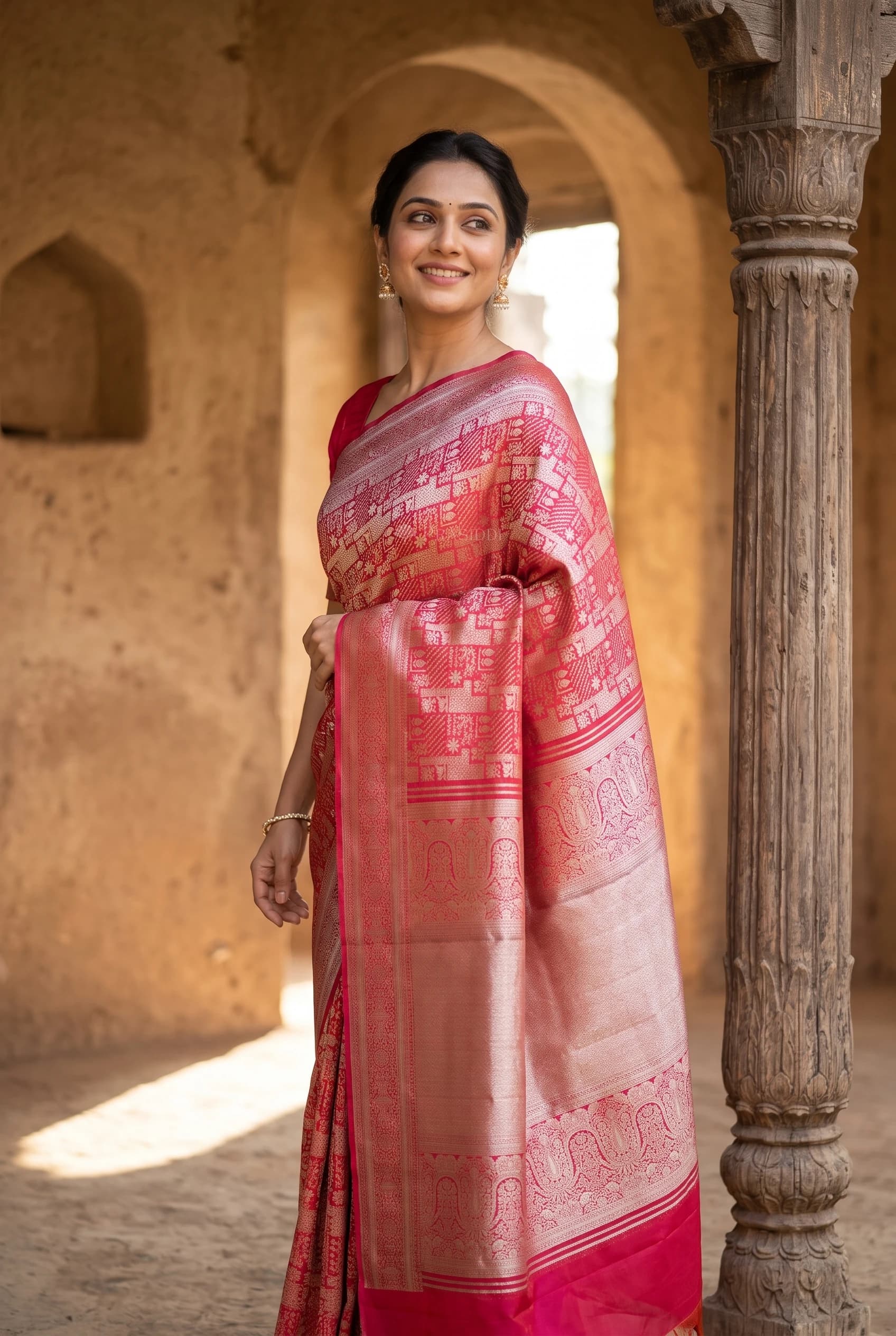 Magenta Silk Saree with Woven Work and Designer Border – Model Displaying Full Saree