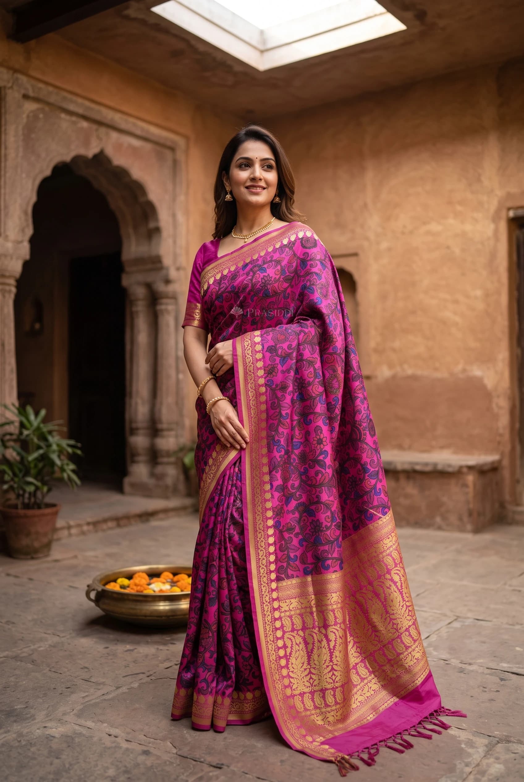 Magenta Soft Silk Saree with Printed Work and Classical Border – Model Displaying Full Saree