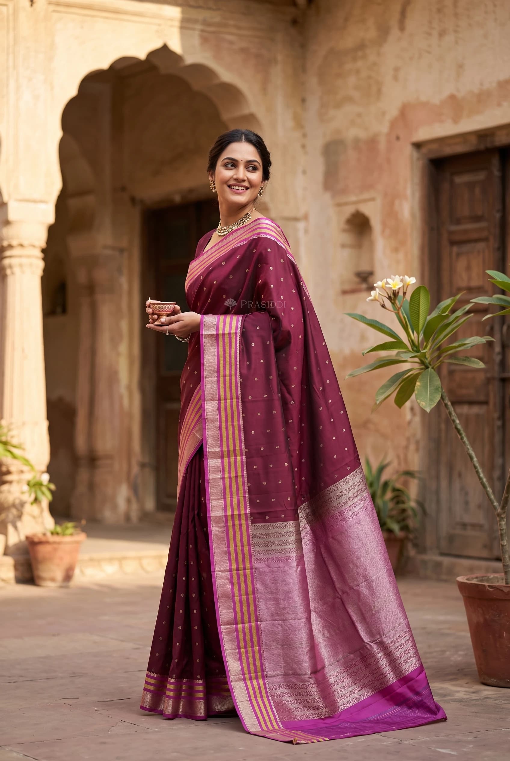 Maroon & Orchid Silk Saree with Woven Work and Traditional Motifs and contrast border border – Model Displaying Full Saree
