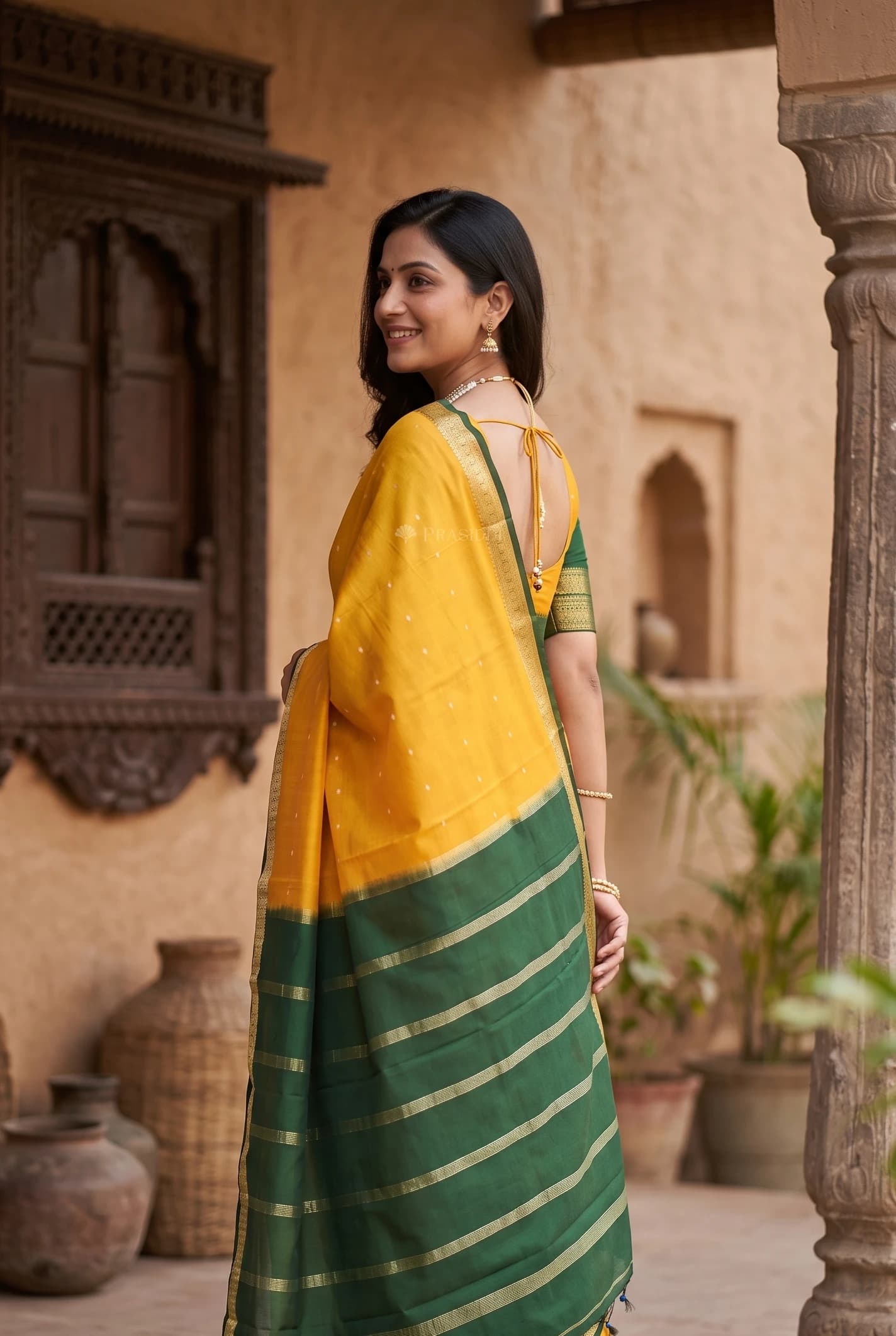 Mustard Green Mysore Silk Saree with Contrast Woven Zari Border – Display Image