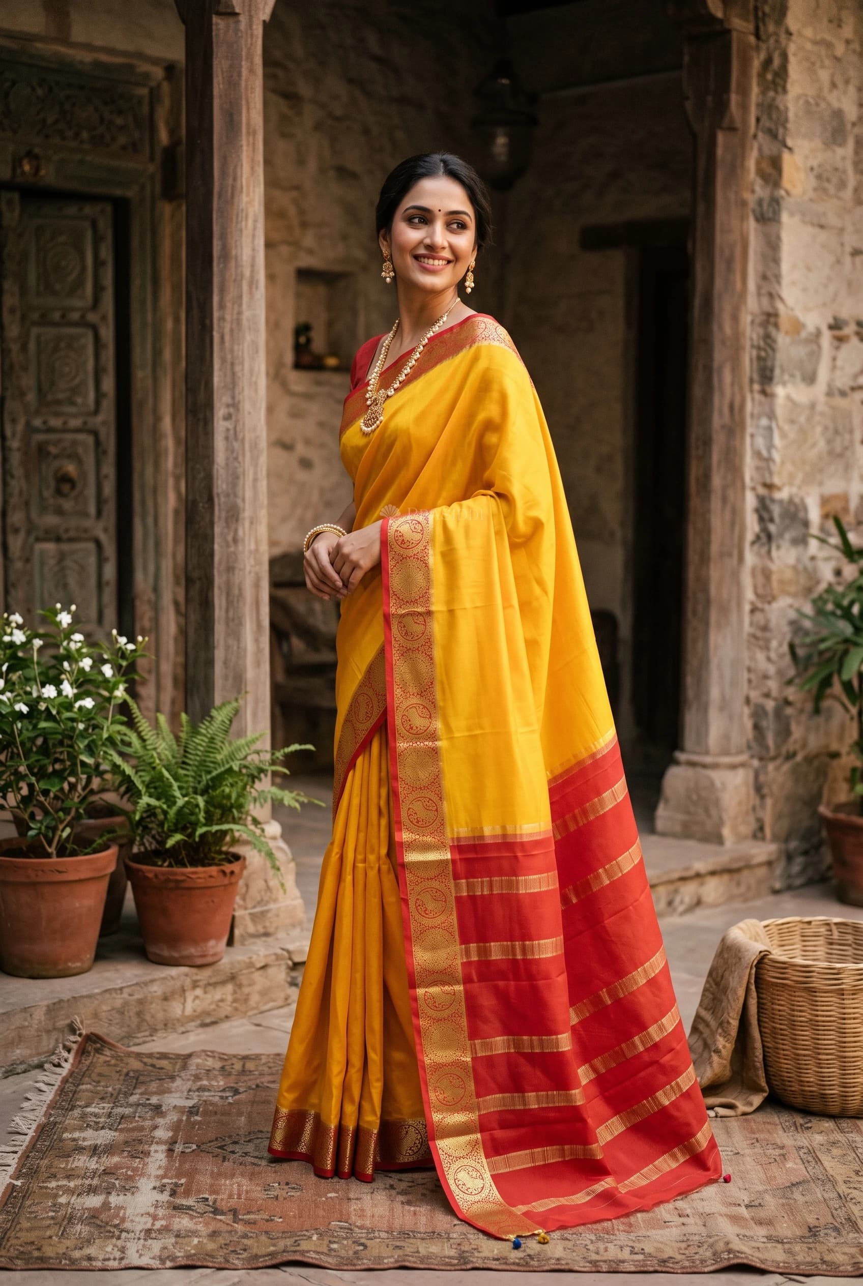 Mustard Mysore Silk Saree with Reddish Orange Border and Pallu, Showcasing Woven Design. – Model Displaying Full Saree