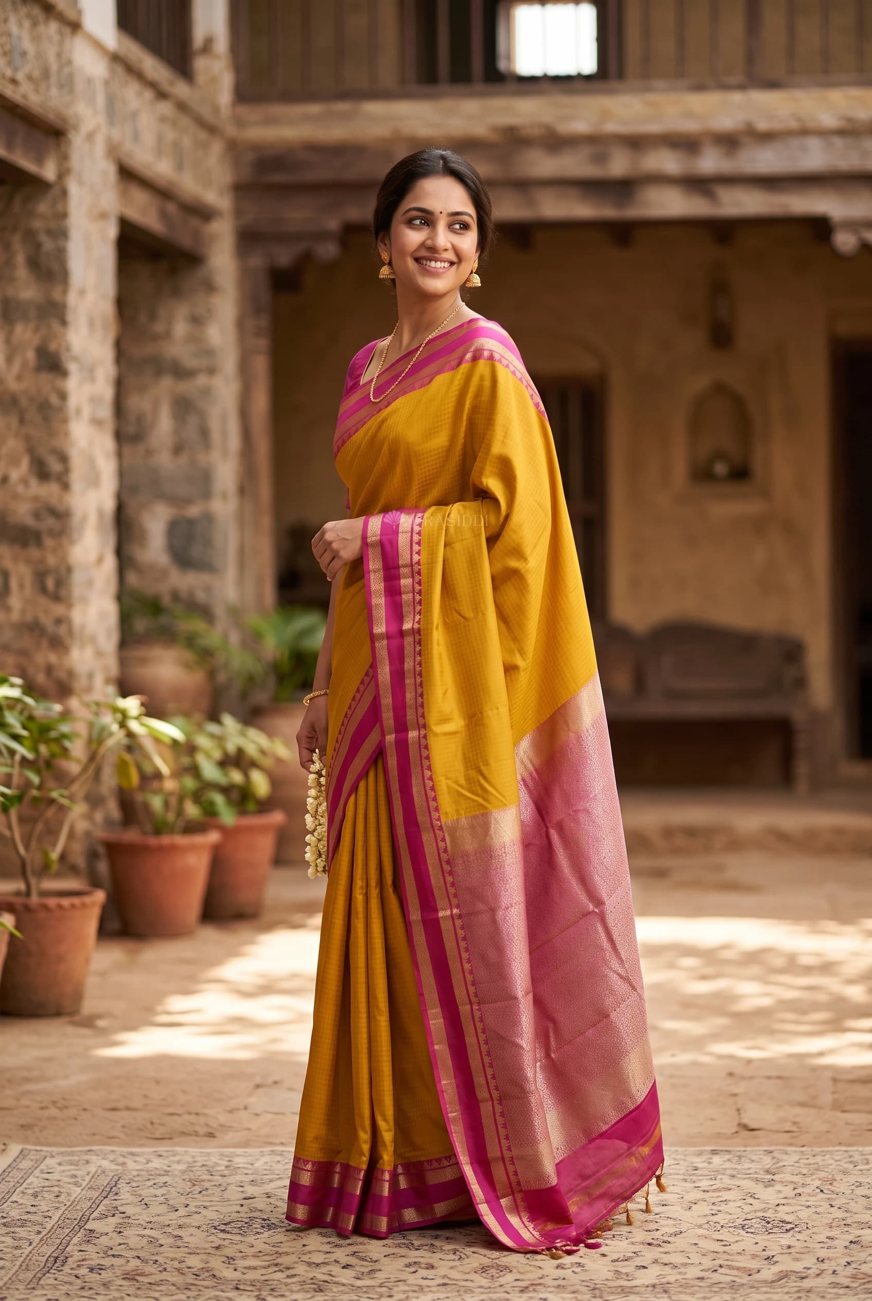 Mustard Pink Contrast Border Silk Saree with Woven Design and Rich Colors. – Model Displaying Full Saree