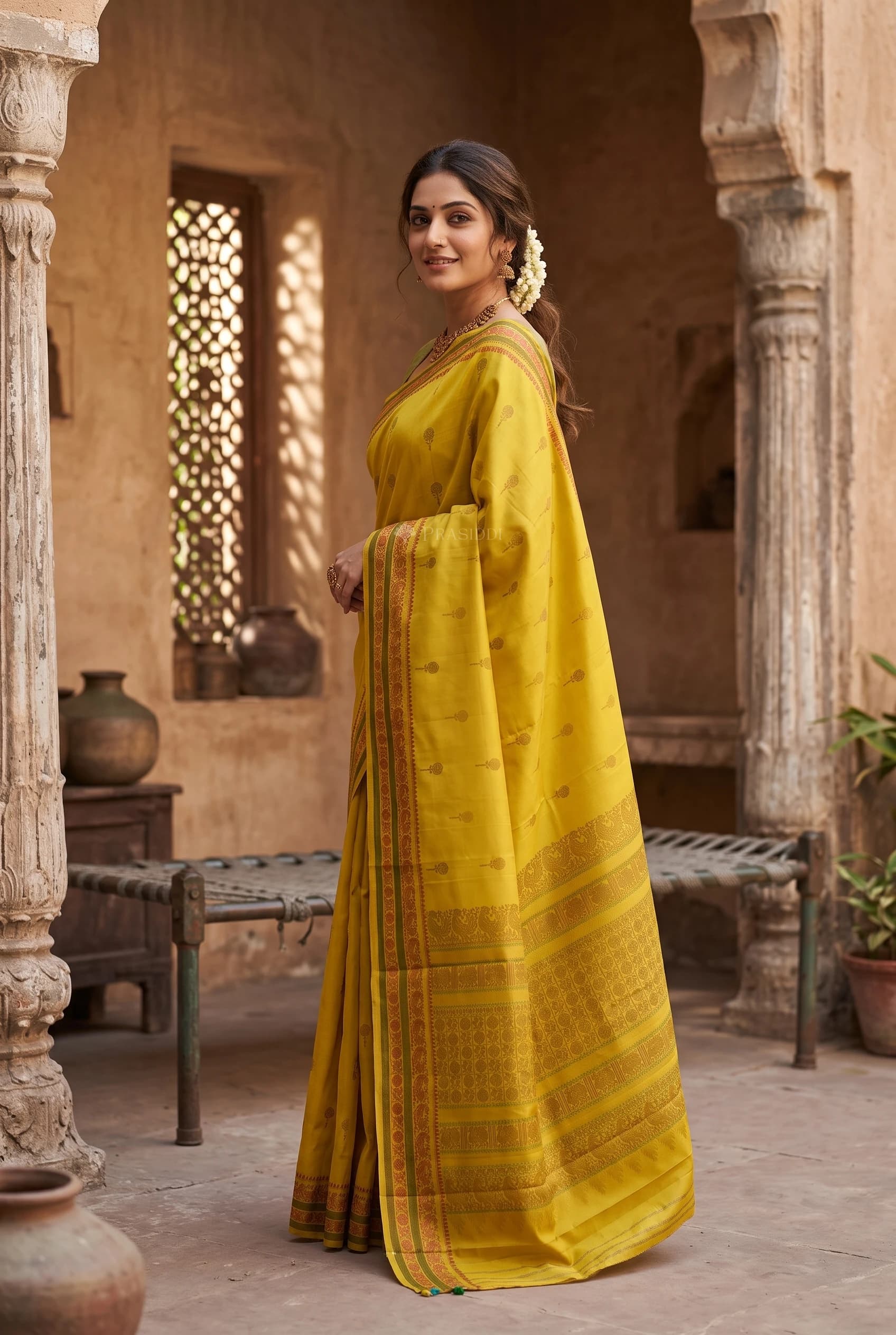 Mustard Soft Silk Saree with Maroon Designer Border and Traditional Thread Motifs – Model Displaying Full Saree