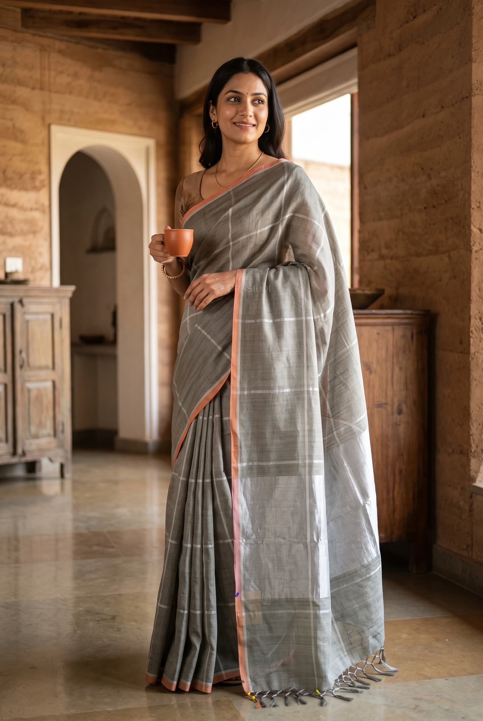 Muted Grey Tussar Silk Saree with Minimal Border and Woven Sliver Zari Checks. – Model Displaying Full Saree