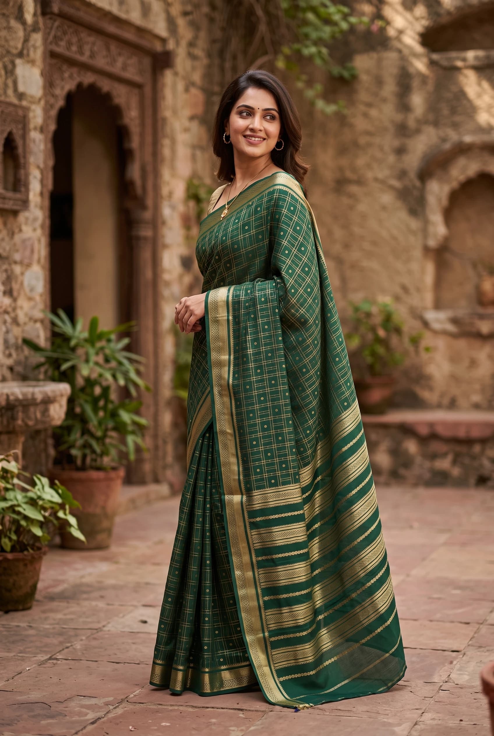 Mysore Silk Saree with a Designer Border, Showcasing Intricate Woven Design. – Model Displaying Full Saree