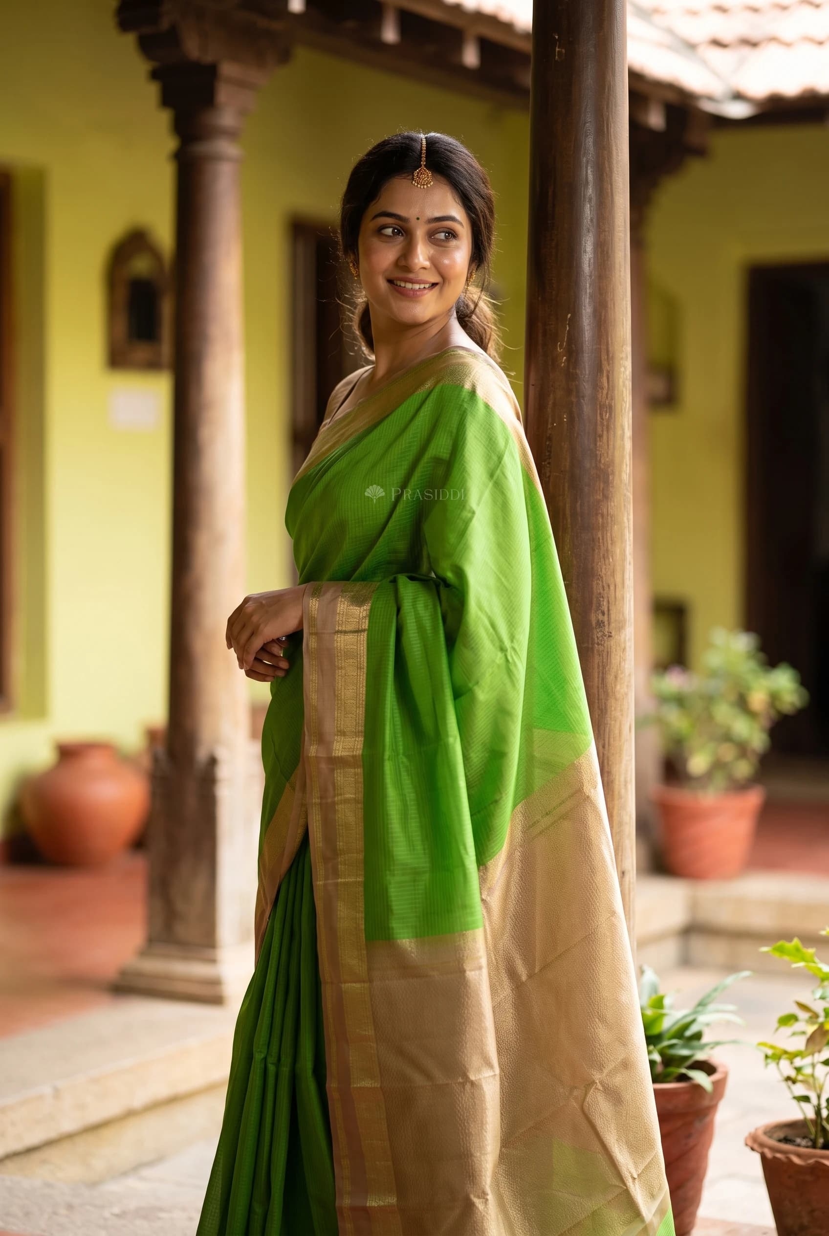 Olive Green & Moss Green Silk Saree with Woven Work and Designer Motifs and contrast border border – Model Displaying Full Saree