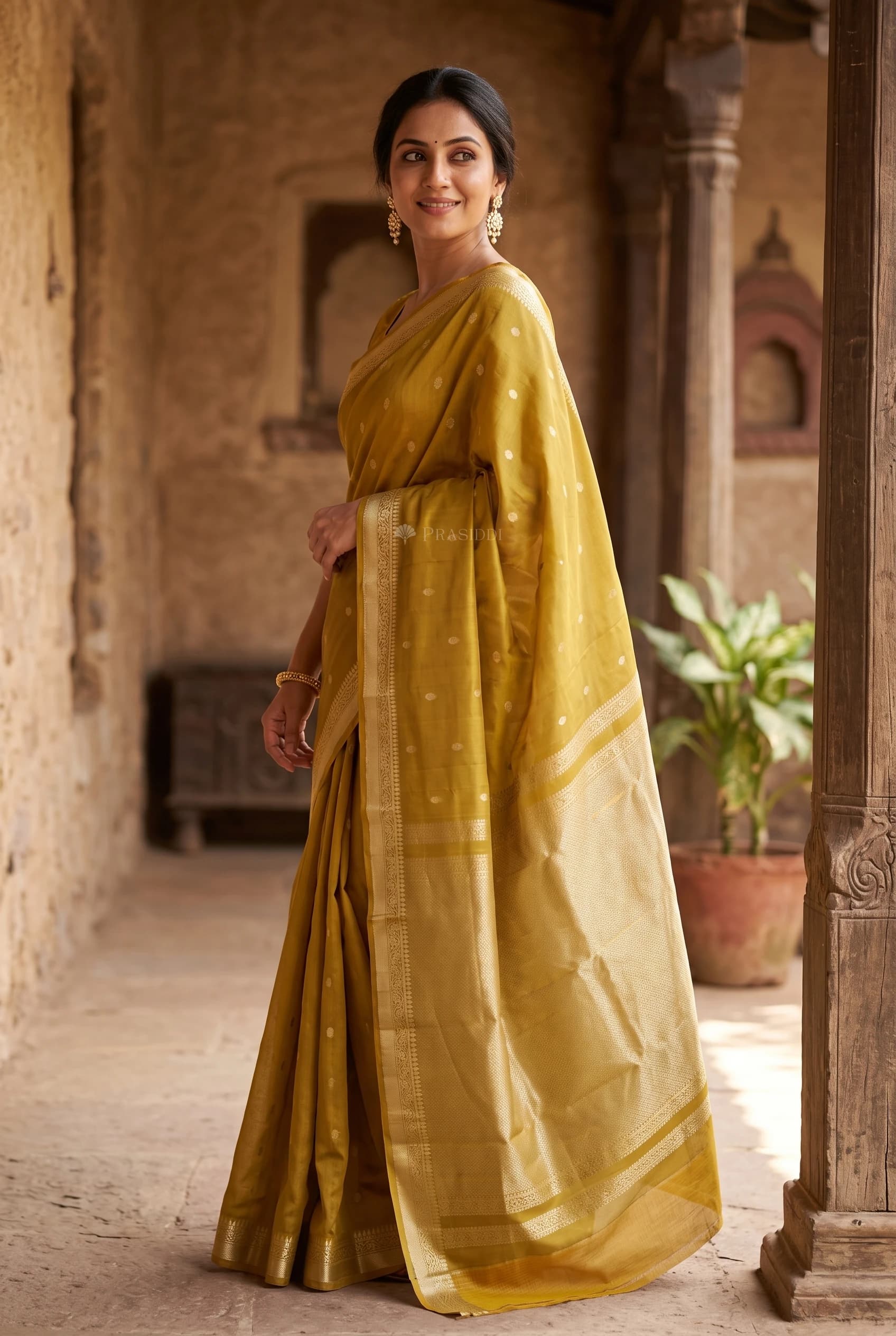 Olive Green Silk Saree with Woven Work and Designer Motifs and designer border border – Model Displaying Full Saree