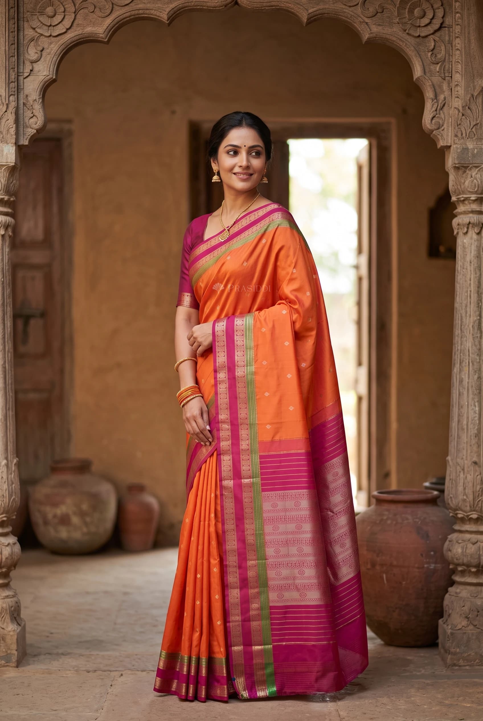 Orange and Magenta Silk Saree with a Contrast Border and Grand Pallu. – Model Displaying Full Saree