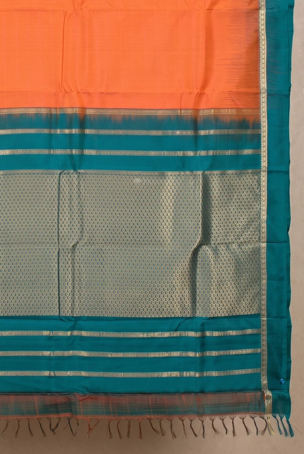 Orange and Teal Silk Saree with Classical Border and Woven Design. – Display Image