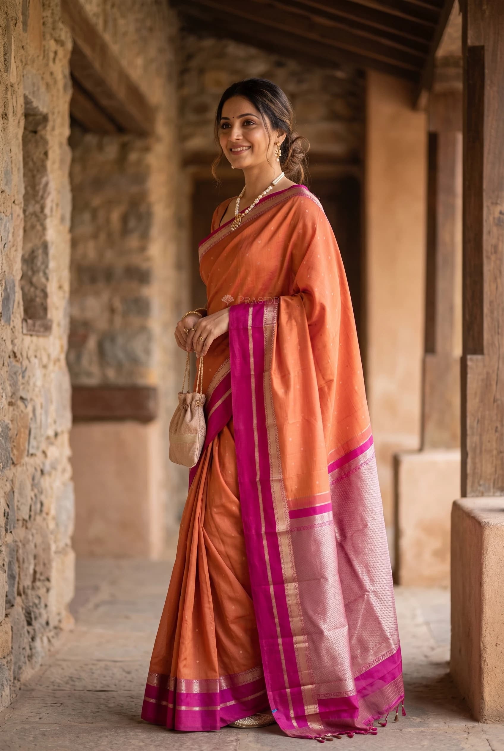 Orange Pink Traditional Silk Saree with Contrast Border and Printed Motifs. – Model Displaying Full Saree