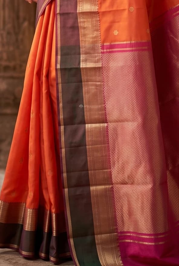 Orange & Pinkish Rust Silk Saree with Woven Work and Designer Motifs and contrast border border – Display Image