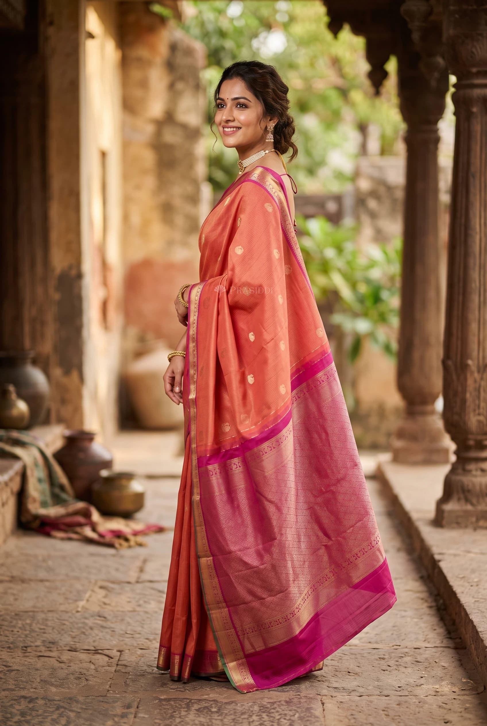 Orangish Pink Silk Saree with a Designer Border, Displayed Elegantly. – Model Displaying Full Saree