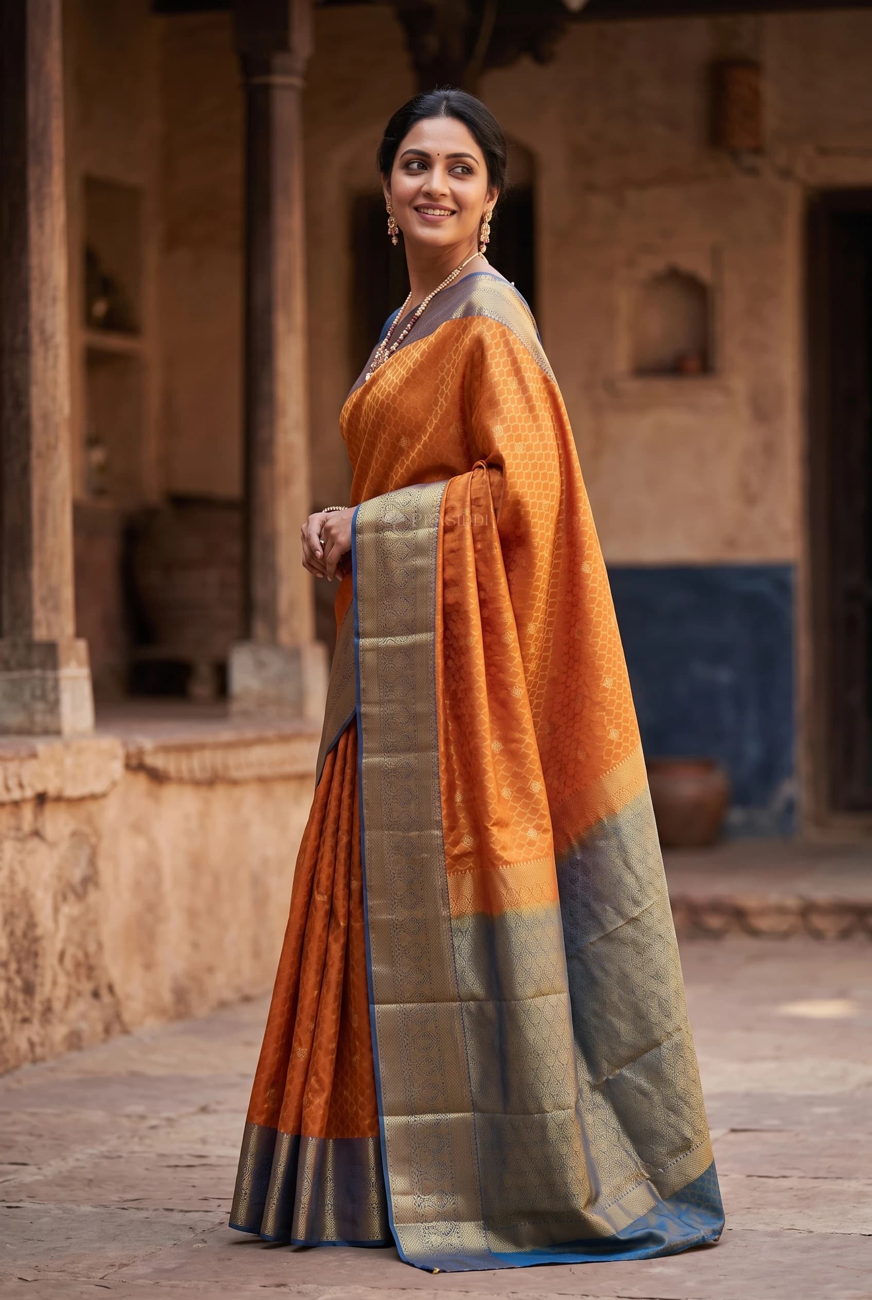 Orangish Pink Silk Saree with Moss Green Contrast Border Displayed Elegantly. – Model Displaying Full Saree