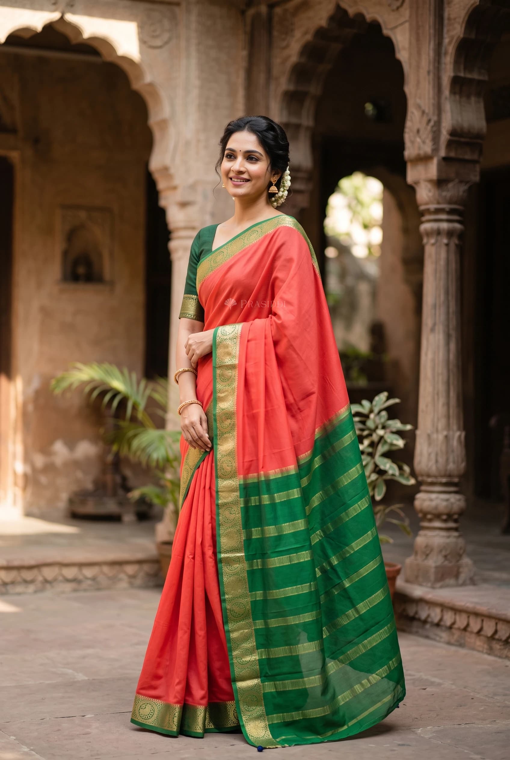Orangish Rust & Emerald Green Mysore Silk Saree with Woven Work and Contrast Woven Zari Border – Model Displaying Full Saree
