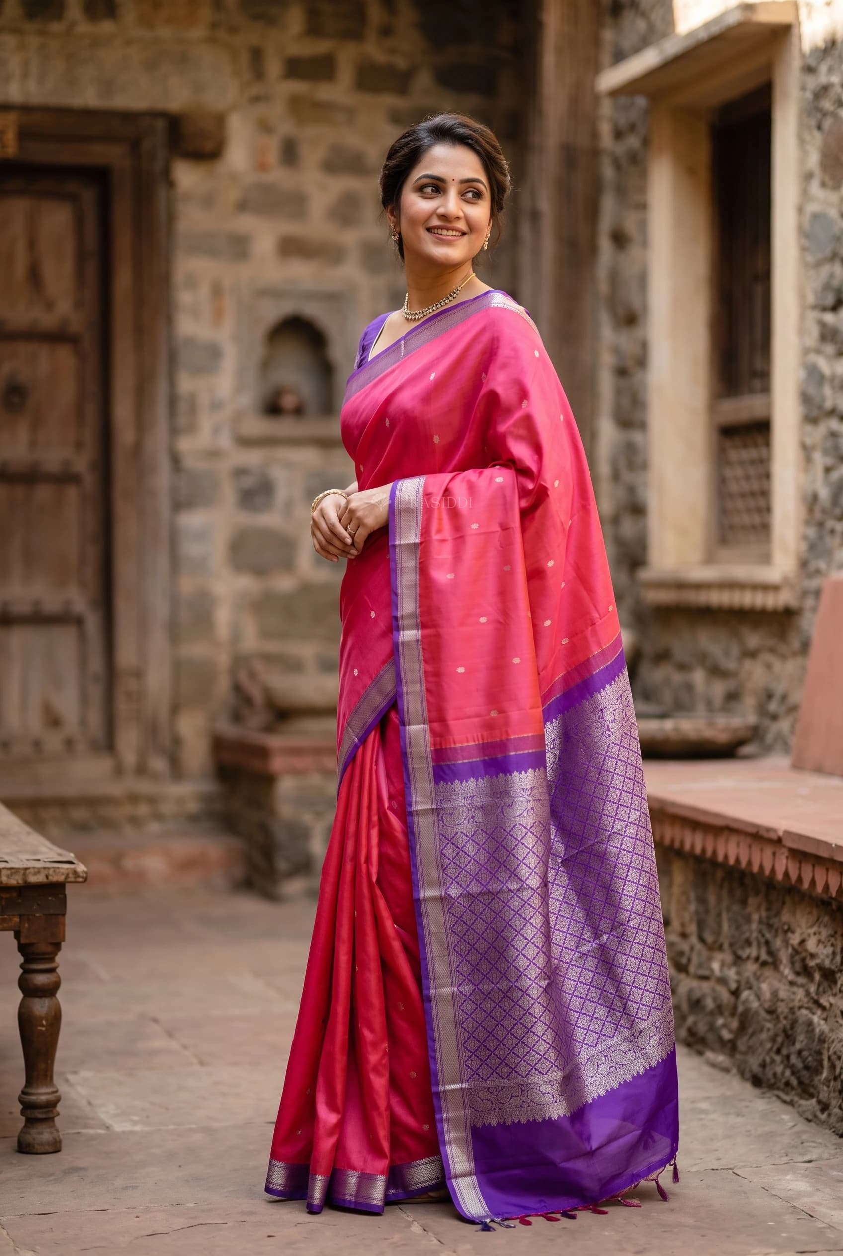 Pinkish Orange & Violet Silk Saree with Woven Work and Traditional Motifs and contrast border border – Model Displaying Full Saree