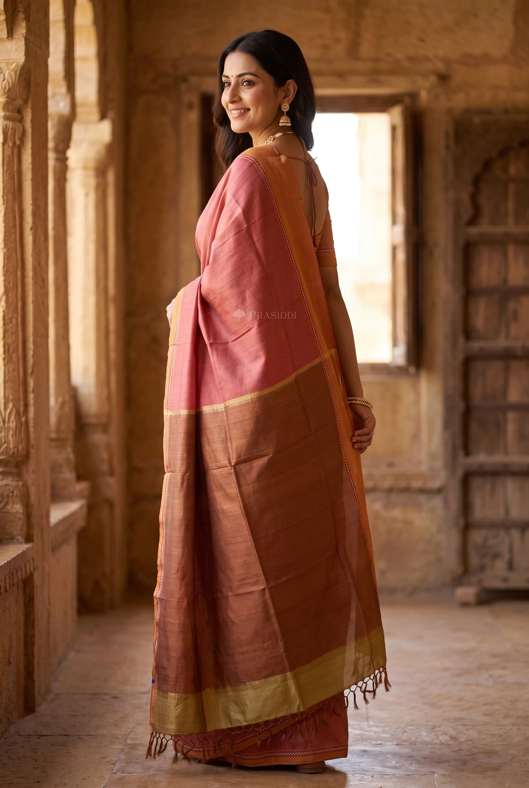 Pinkish Rust & Brown Tussar Silk Saree with Woven Work and Contrast Border – Model Displaying Full Saree