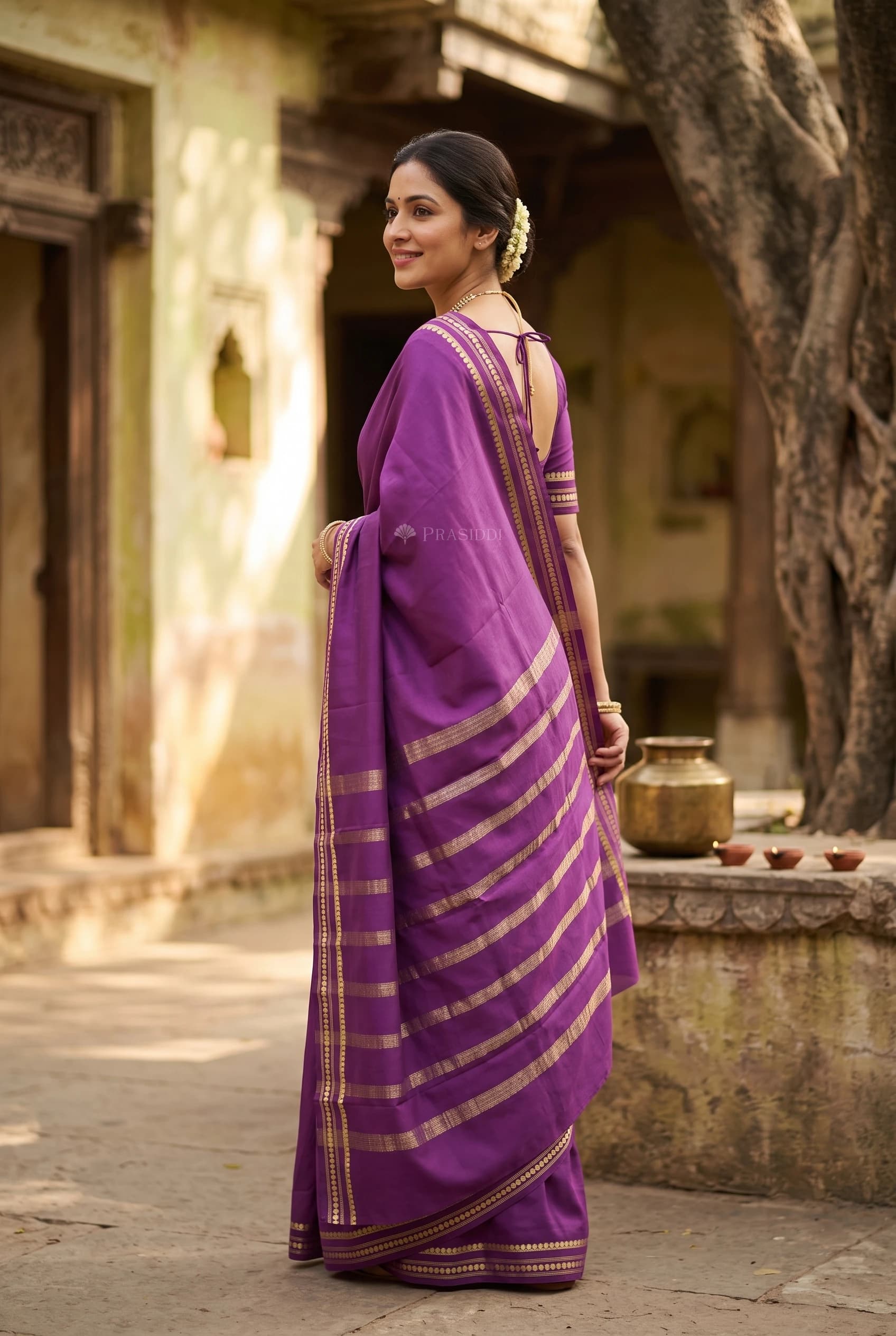 Plum Mysore Silk Saree with a Minimal Border and Woven Design. – Model Displaying Full Saree