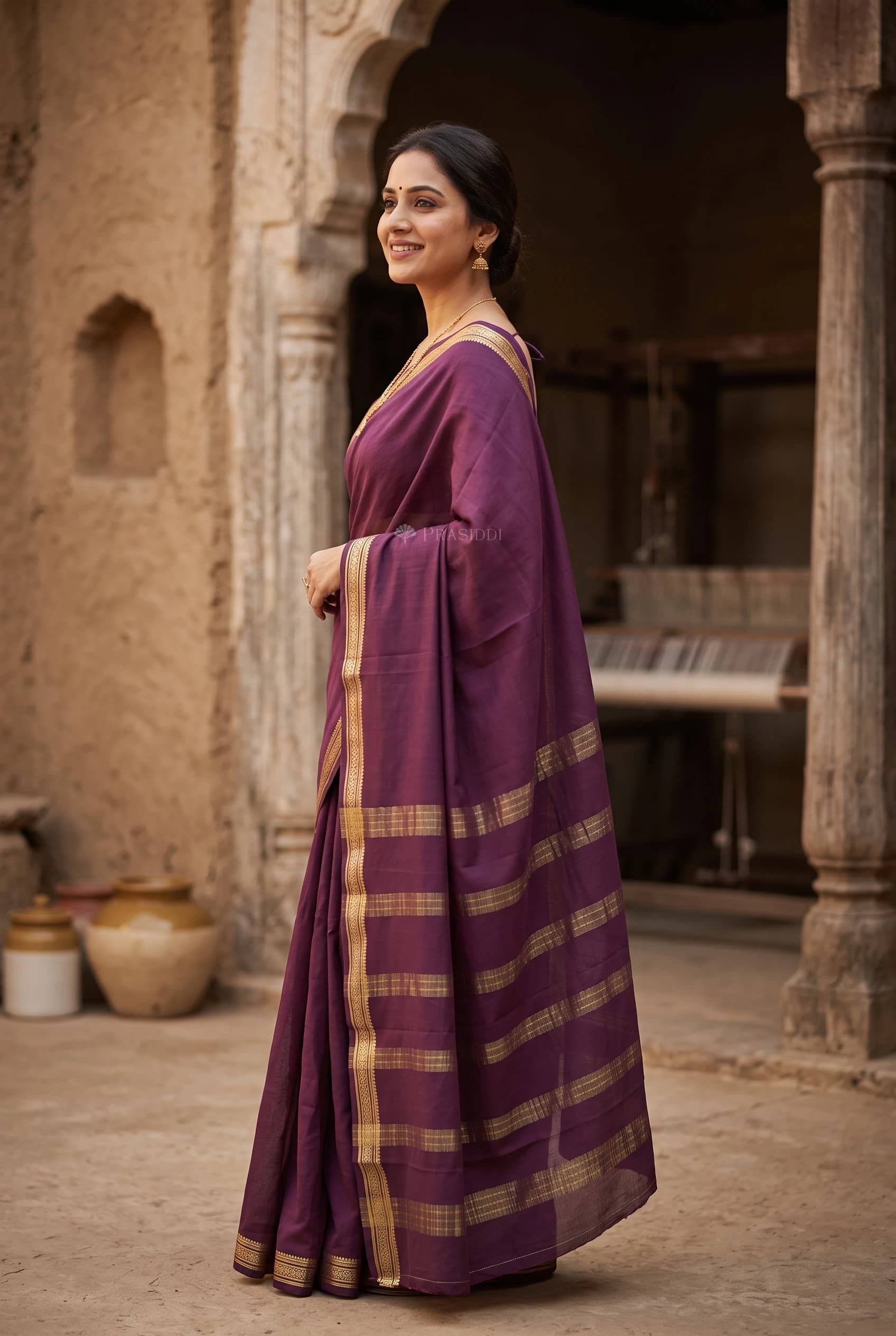 Plum Mysore Silk Saree with Minimal Border and Intricate Woven Design. – Model Displaying Full Saree