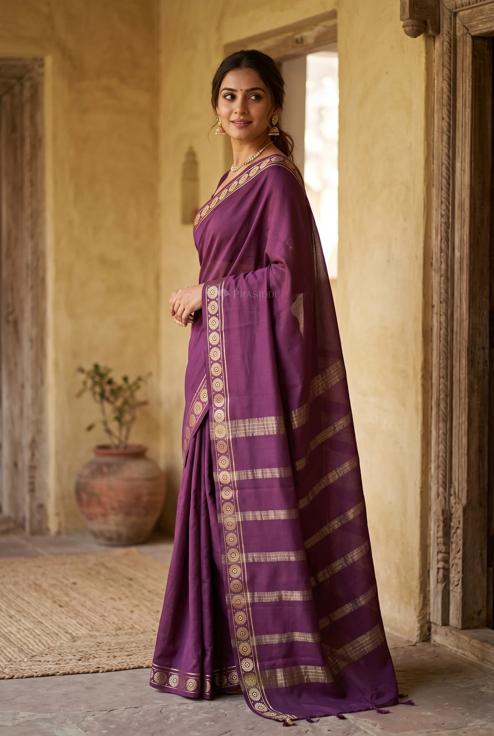 Plum Mysore Silk Saree with Minimal Border and Woven Design. – Model Displaying Full Saree