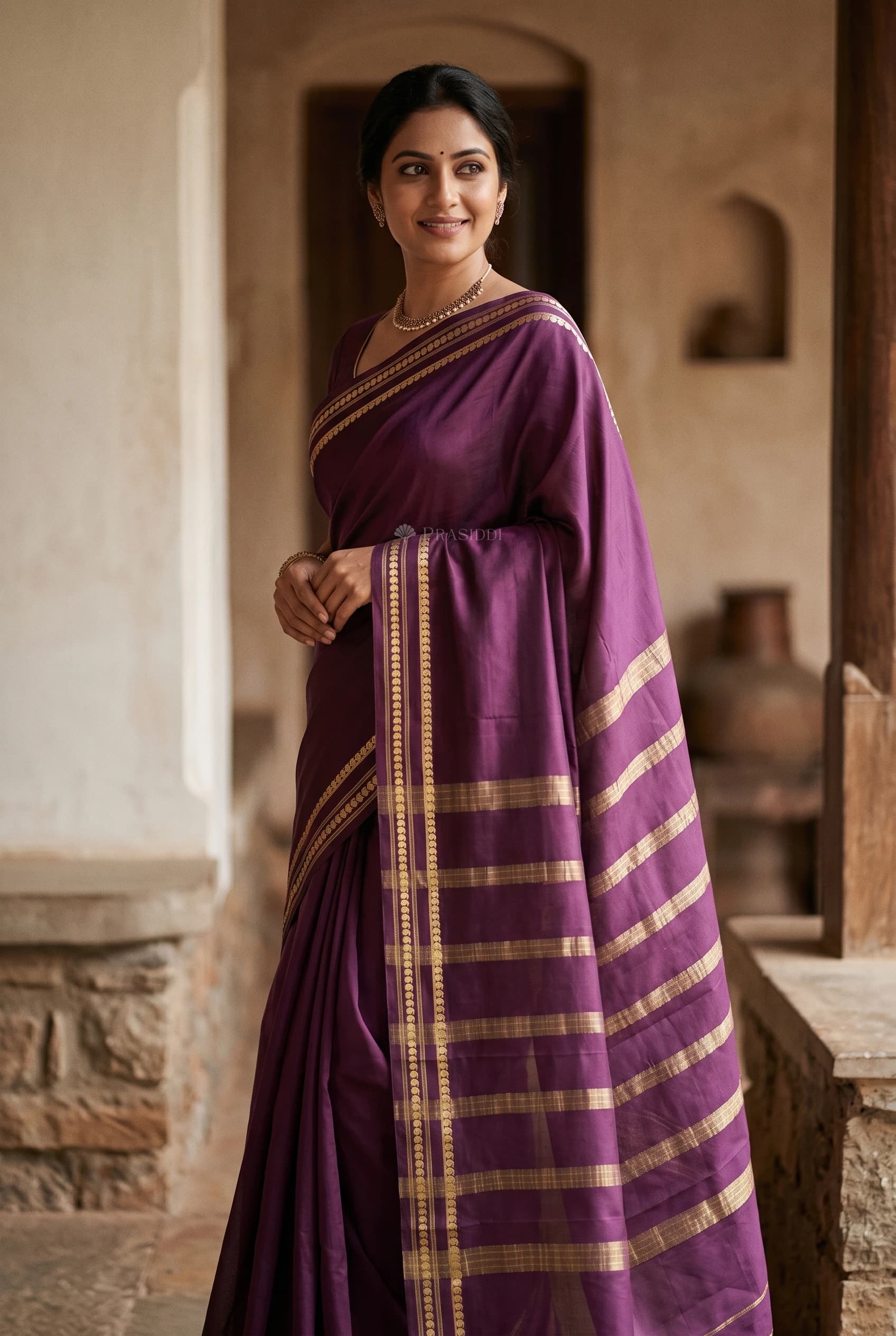 Plum Mysore Silk Saree with Woven Work and Minimal Border – Model Displaying Full Saree