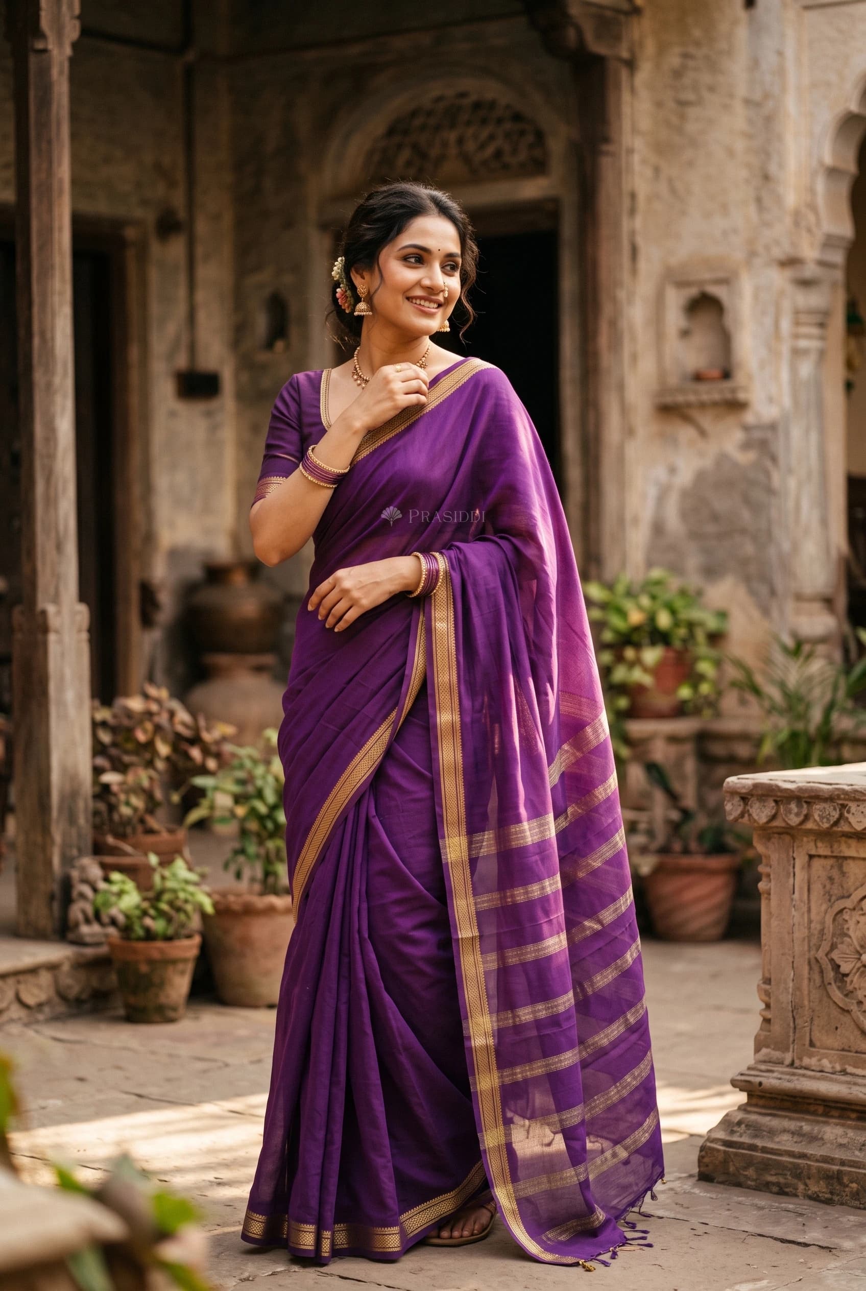 Purple Mysore Silk Saree with Minimal Border and Woven Design – Model Displaying Full Saree