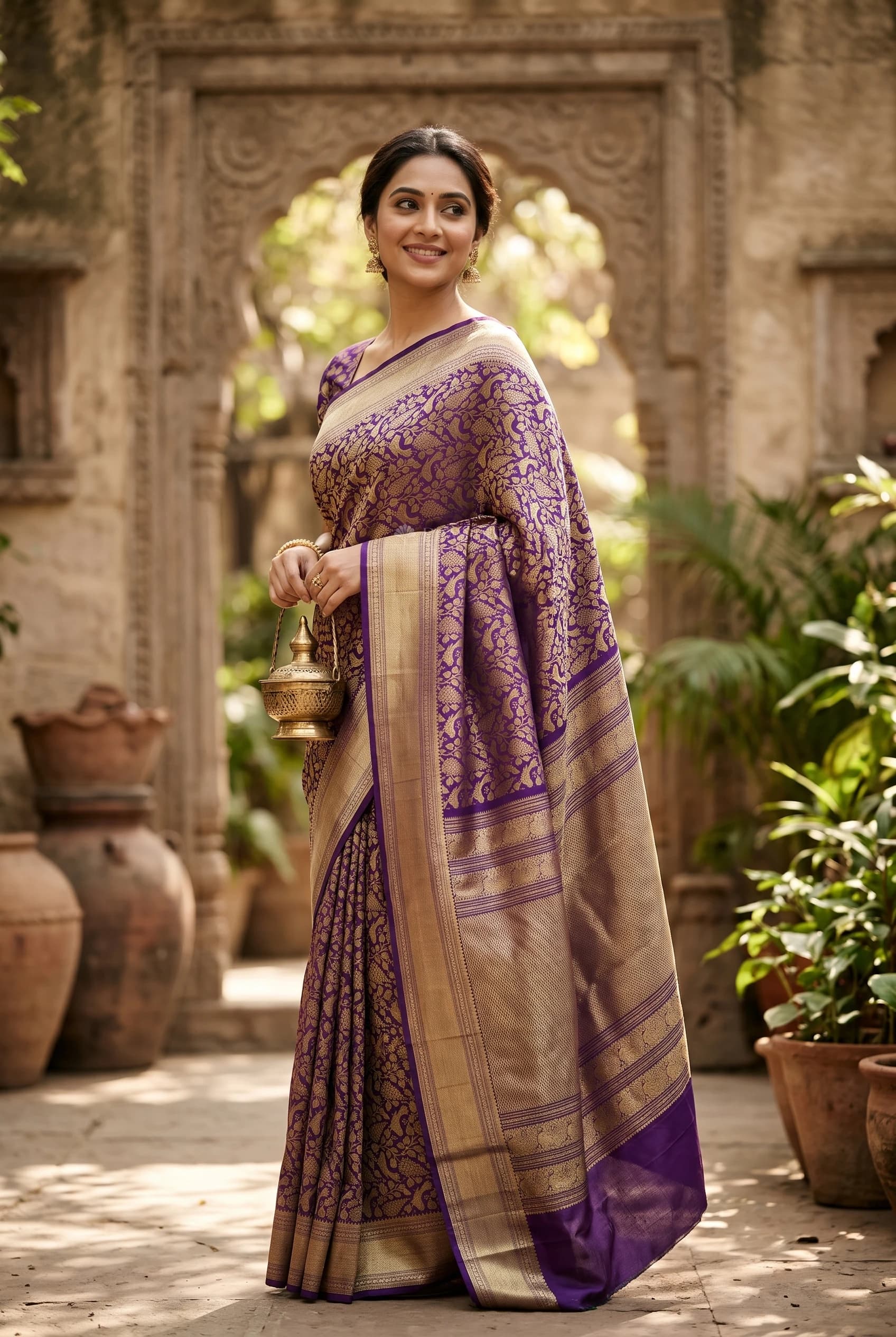 Purple Silk Saree with Woven Work and Classical Border – Model Displaying Full Saree