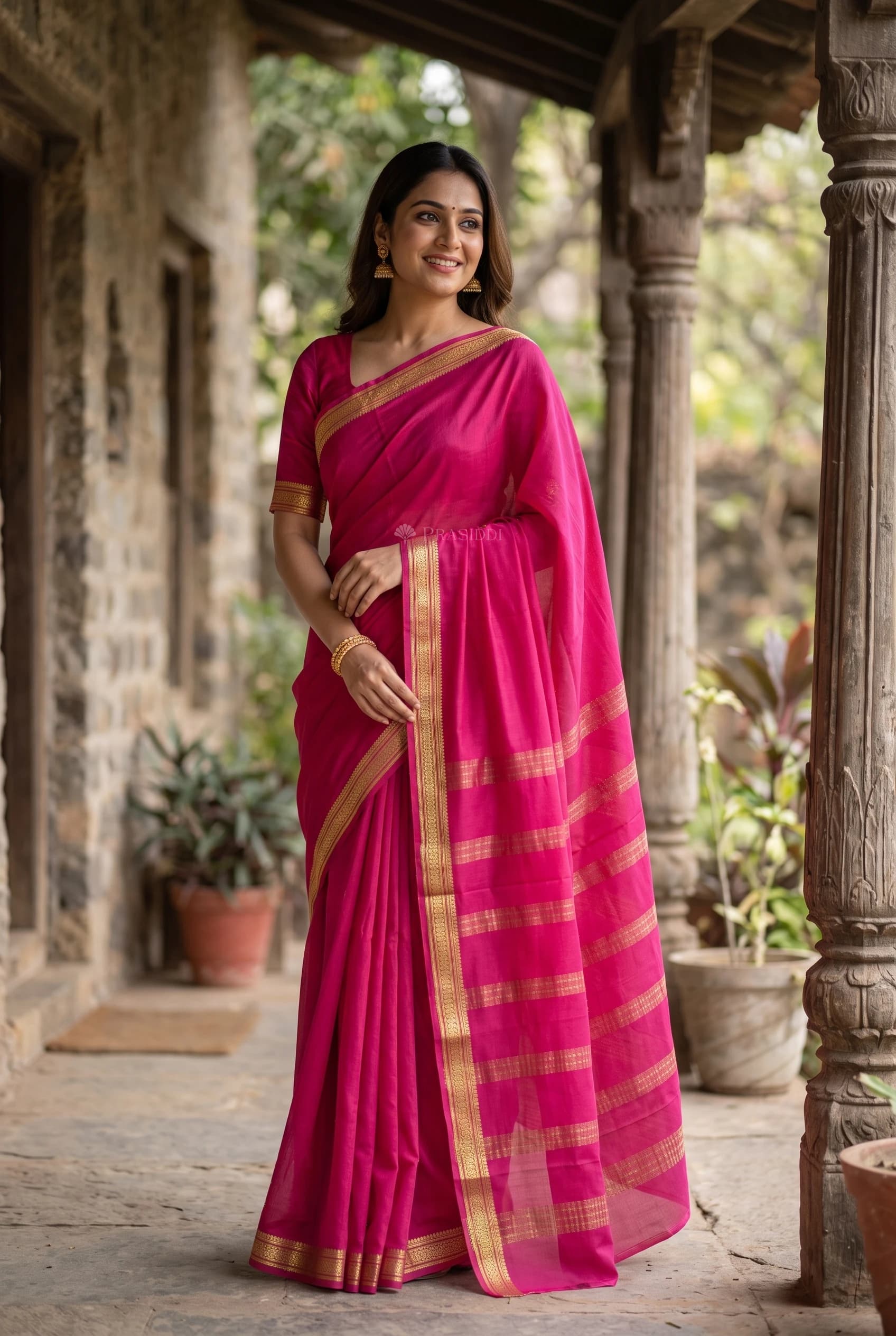 Rani Pink Mysore Silk Saree with a Minimal Border and Woven Design. – Model Displaying Full Saree