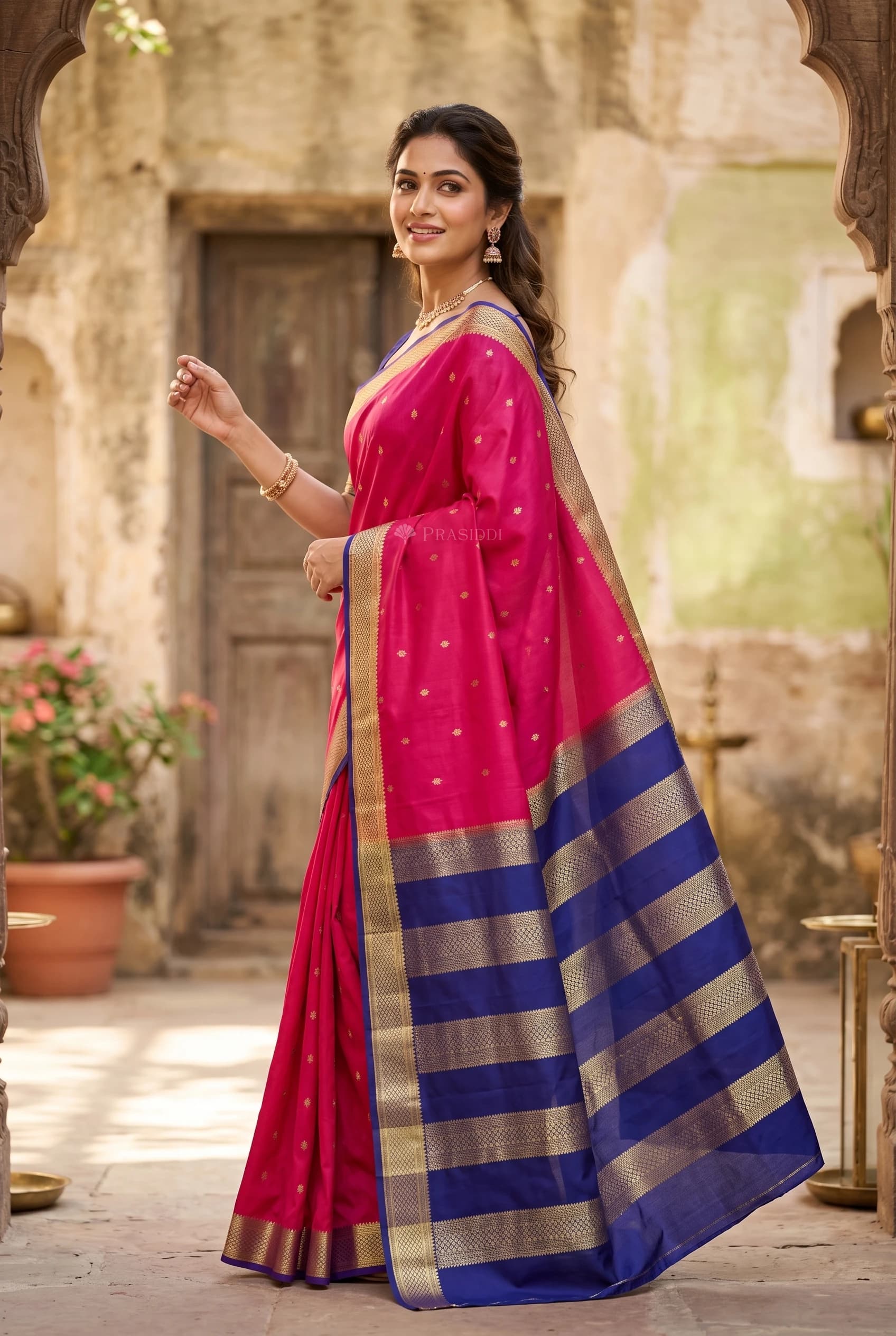 Rani Pink Mysore Silk Saree with Dark Purple Woven Zari Border and Pallu. – Model Displaying Full Saree