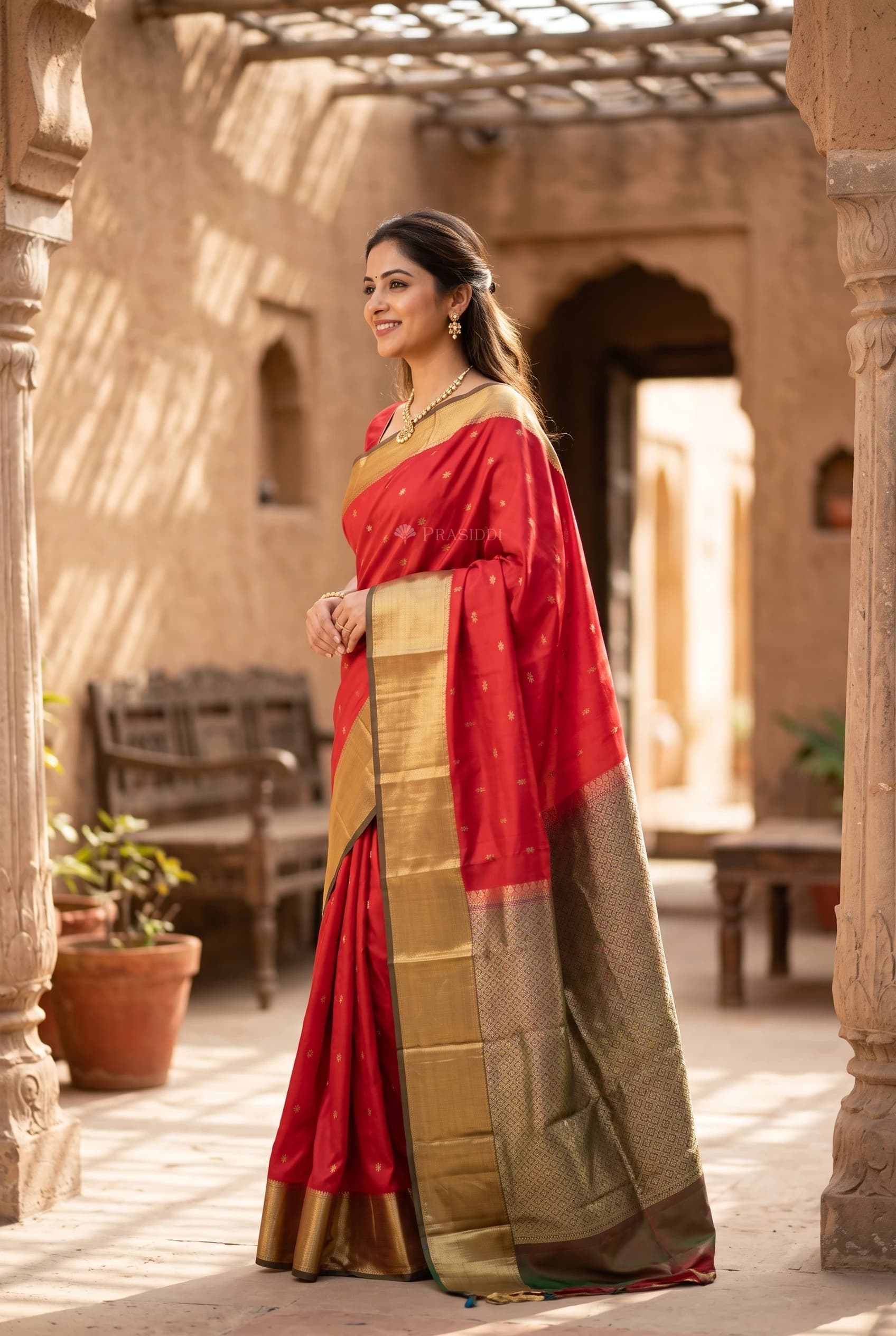 Red and Muted Grey Traditional Silk Saree with Contrast Border and Woven Motifs. – Model Displaying Full Saree