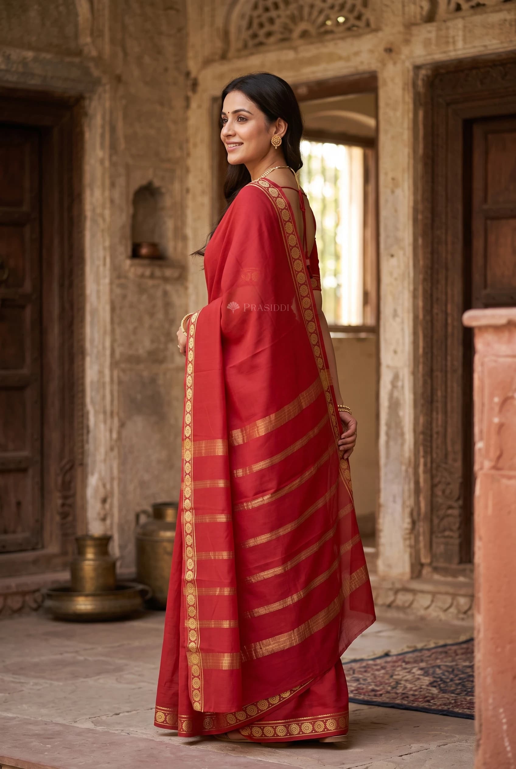 Red Mysore Silk Saree with a Minimal Border and Woven Design. – Model Displaying Full Saree