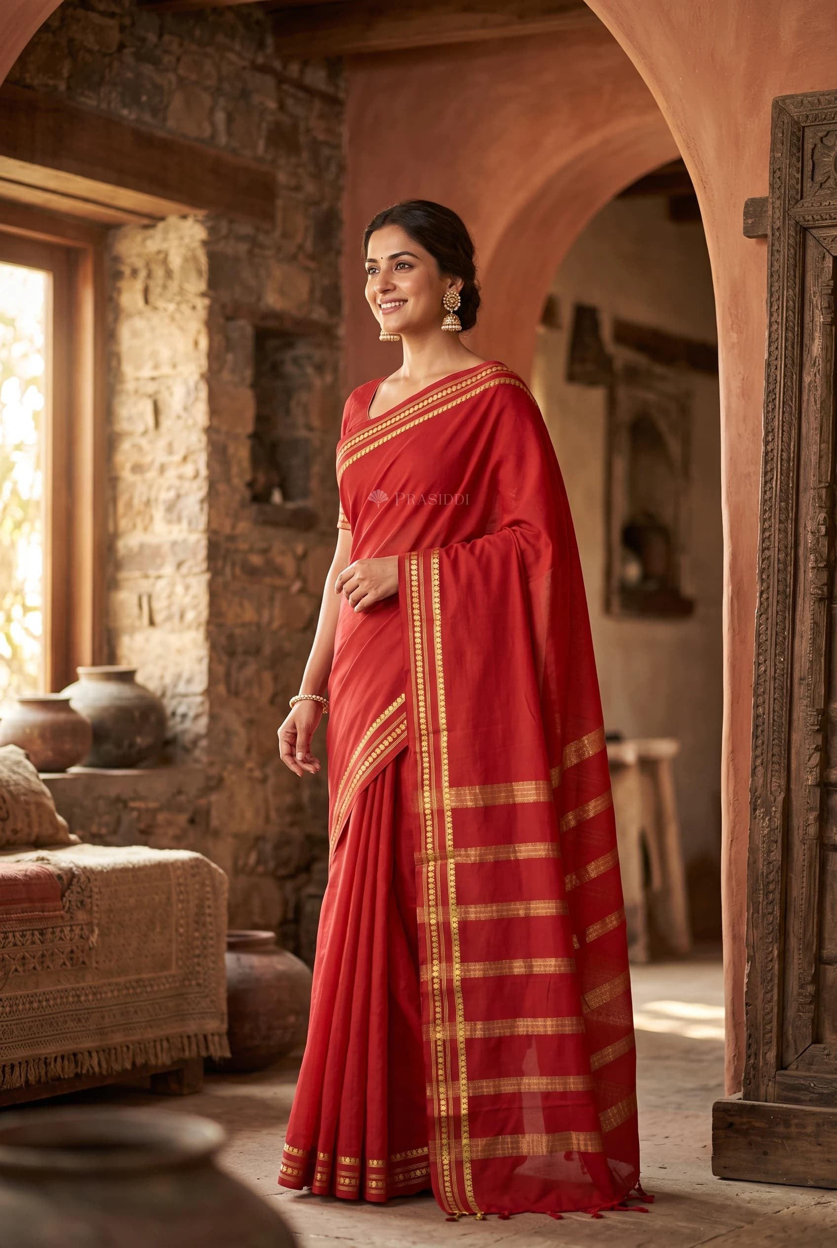 Red Mysore Silk Saree with Minimal Border and Woven Design. – Model Displaying Full Saree