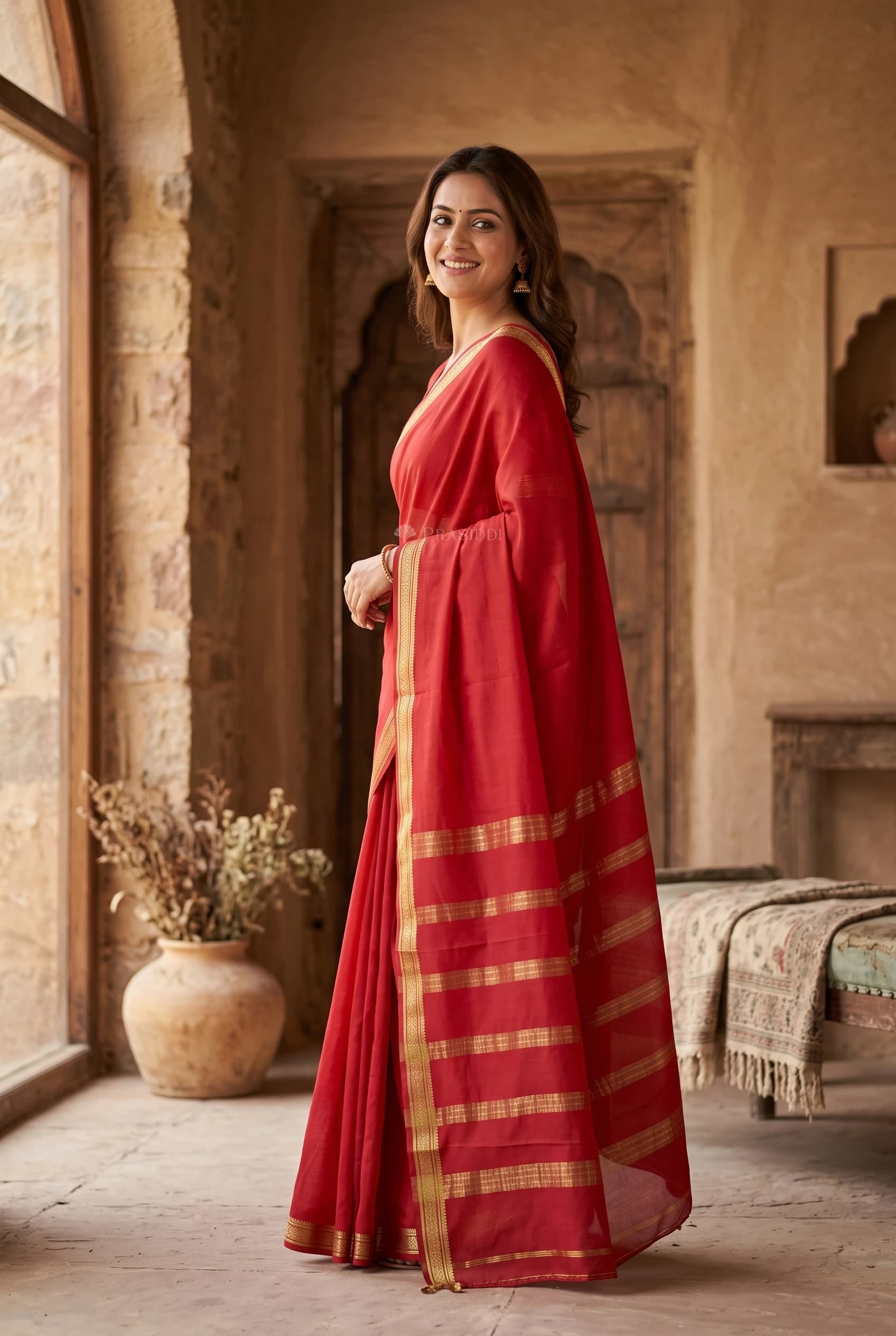 Red Mysore Silk Saree with Minimal Border and Woven Design – Model Displaying Full Saree