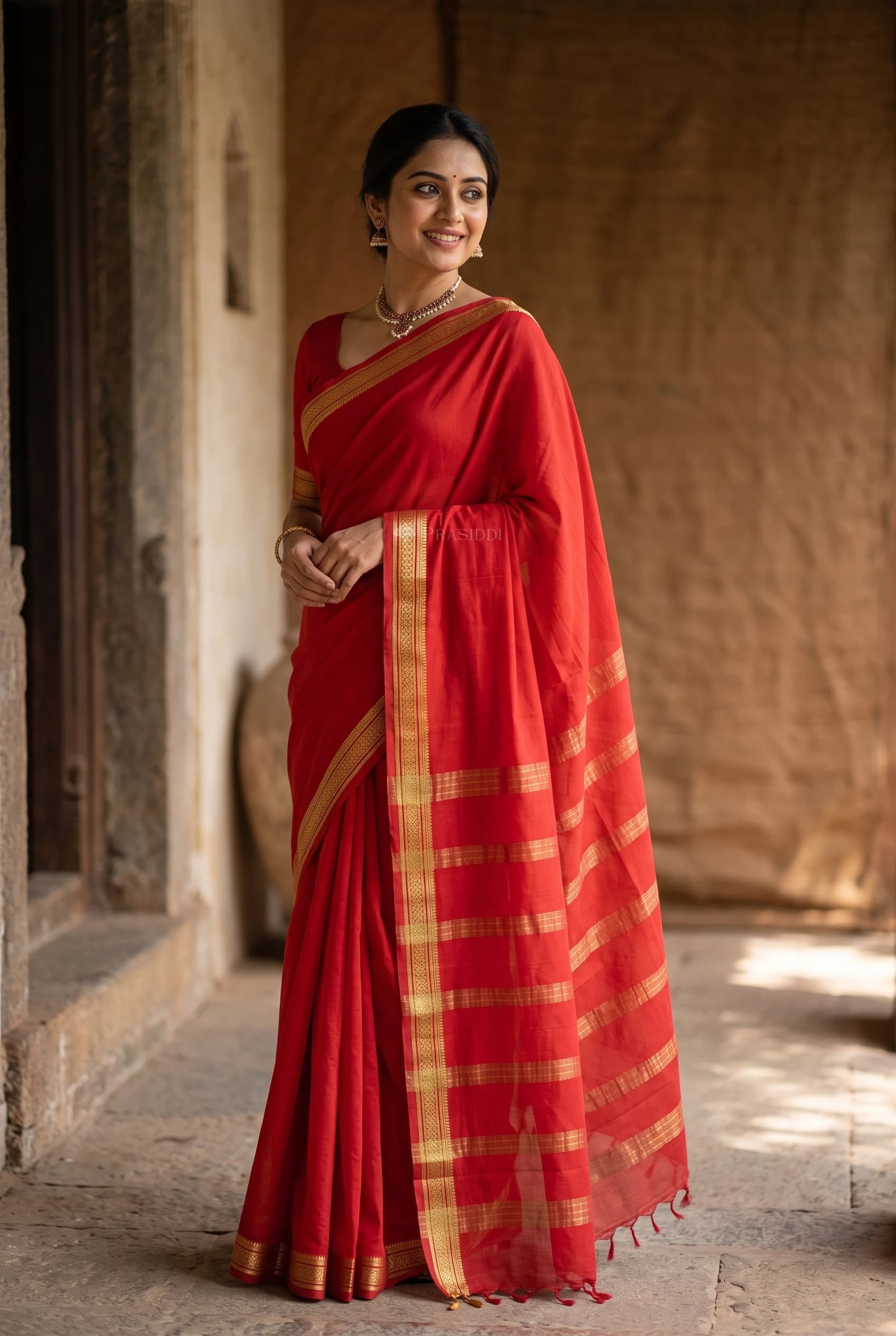 Reddish Orange Mysore Silk Saree with Woven Work and Minimal Border – Model Displaying Full Saree