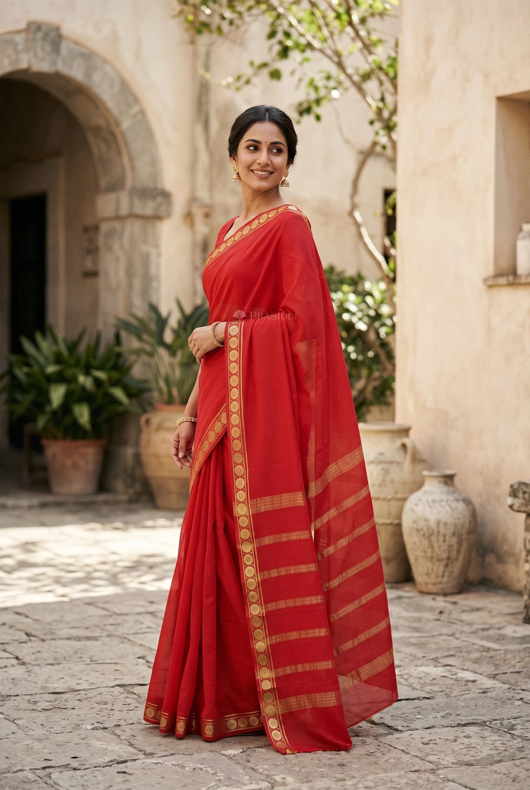 Reddish Pink Mysore Silk Saree with Woven Work and Designer Border – Model Displaying Full Saree