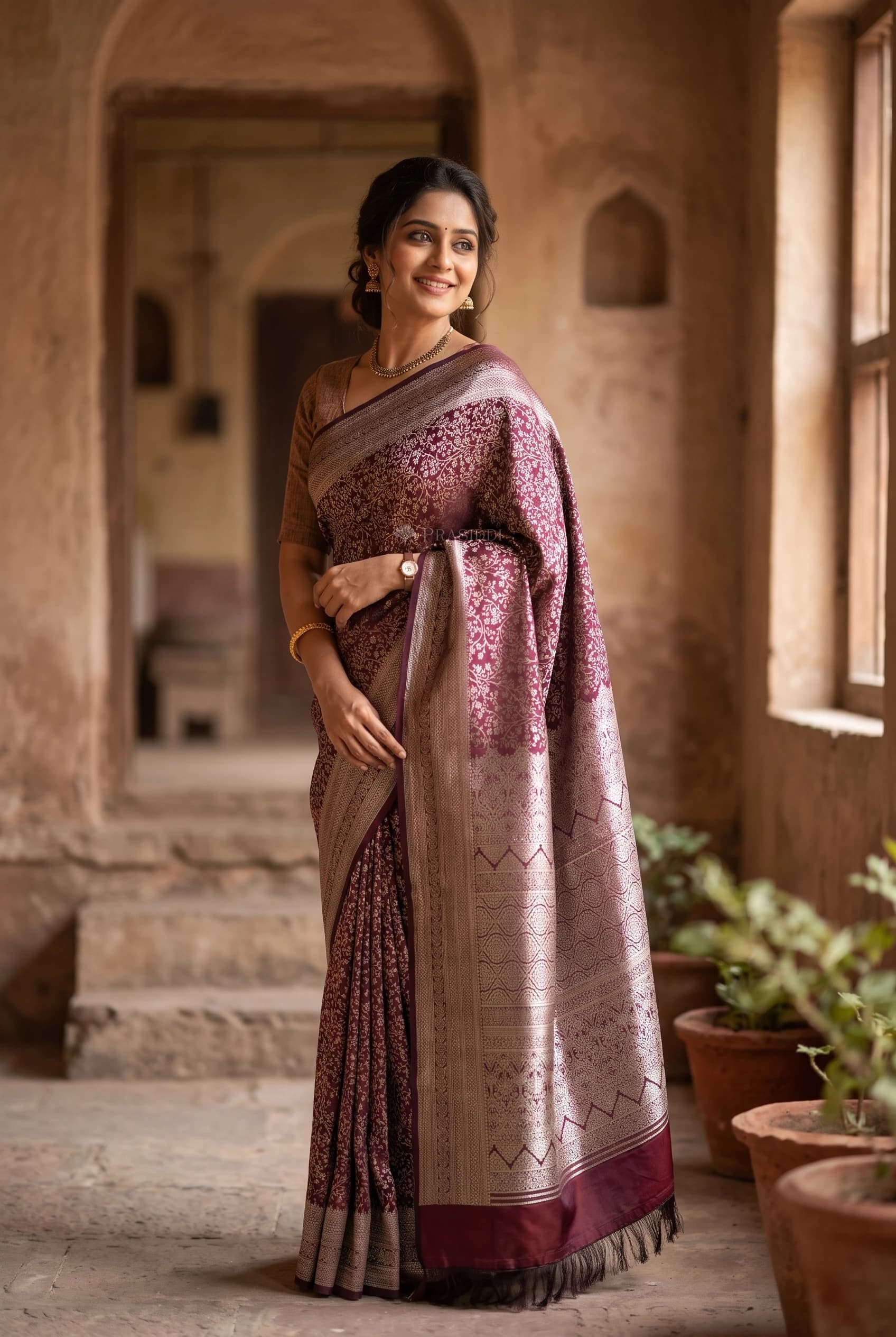 Rosewood Silk Saree with a Designer Border, Showcasing Intricate Woven Details. – Model Displaying Full Saree