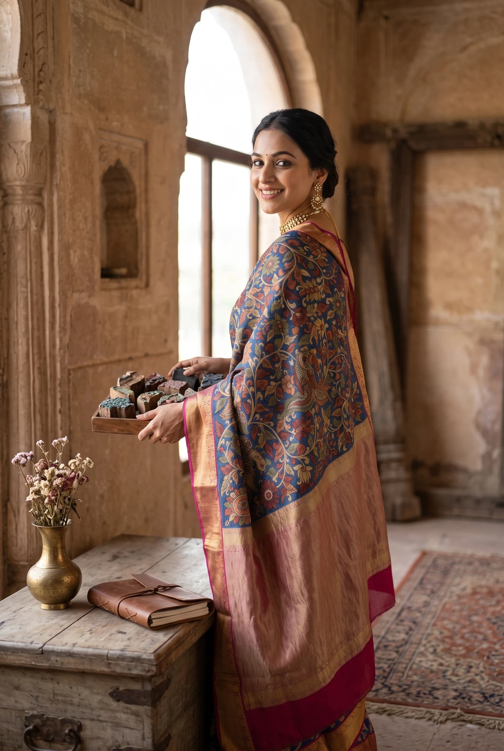 Royal Blue and Brown Printed Tussar Silk Saree with Classical Border – Model Displaying Full Saree