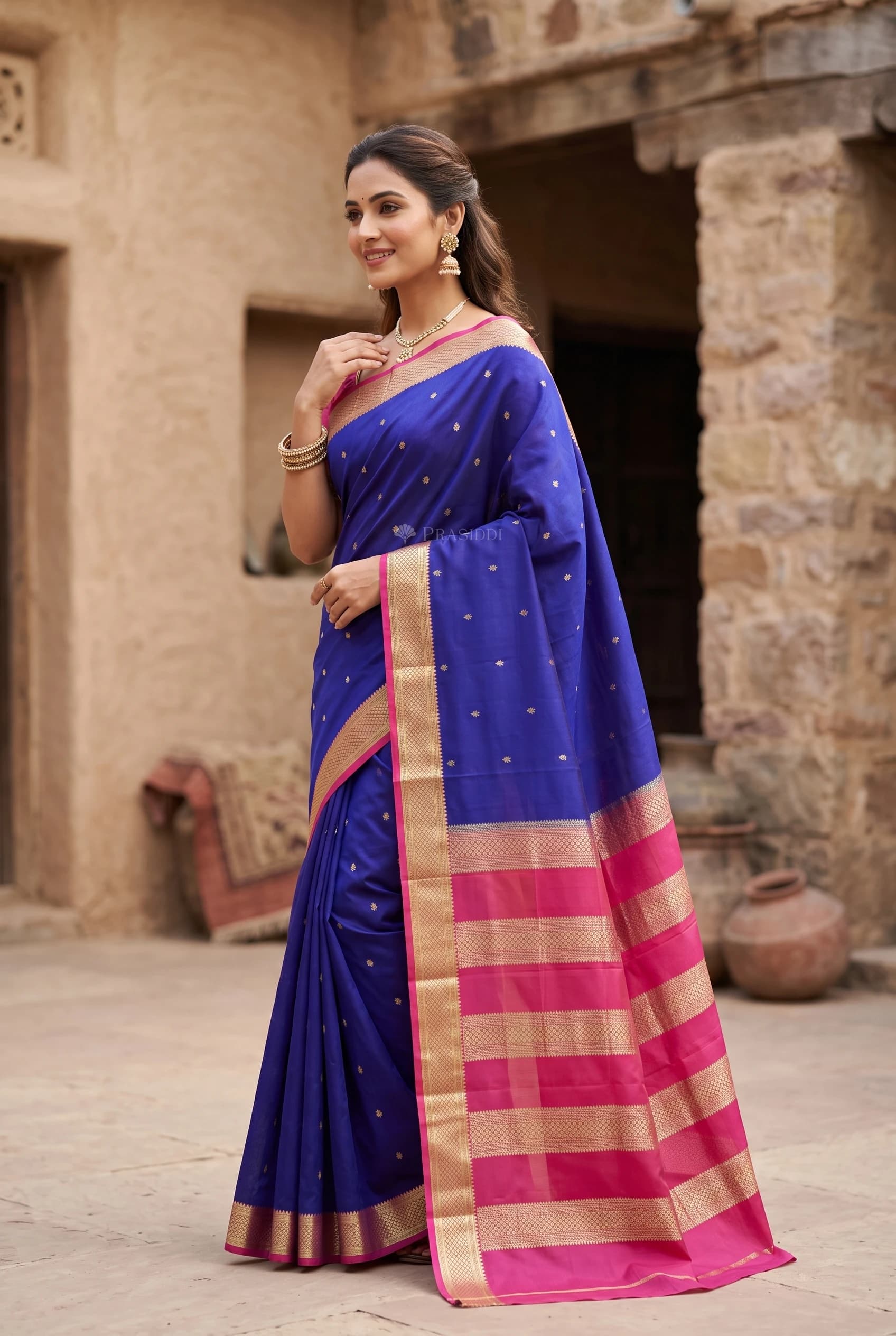 Royal Blue and Magenta Mysore Silk Saree with Contrast Woven Zari Border. – Model Displaying Full Saree