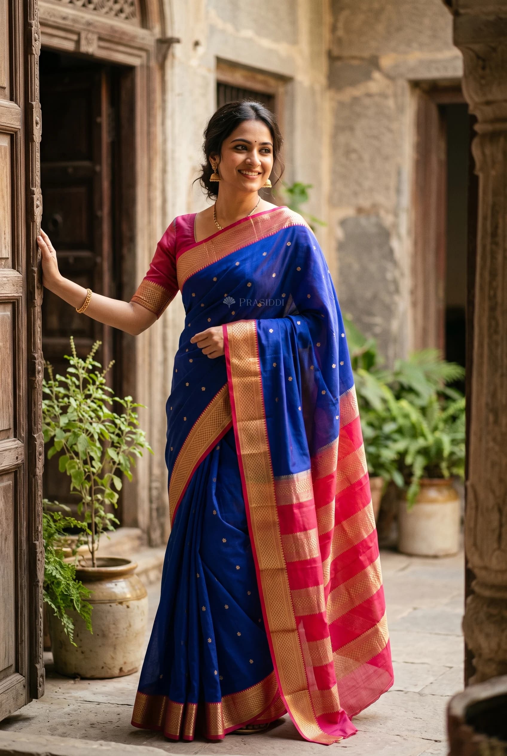 Royal Blue and Magenta Mysore Silk Saree with Contrast Woven Zari Border. – Model Displaying Full Saree
