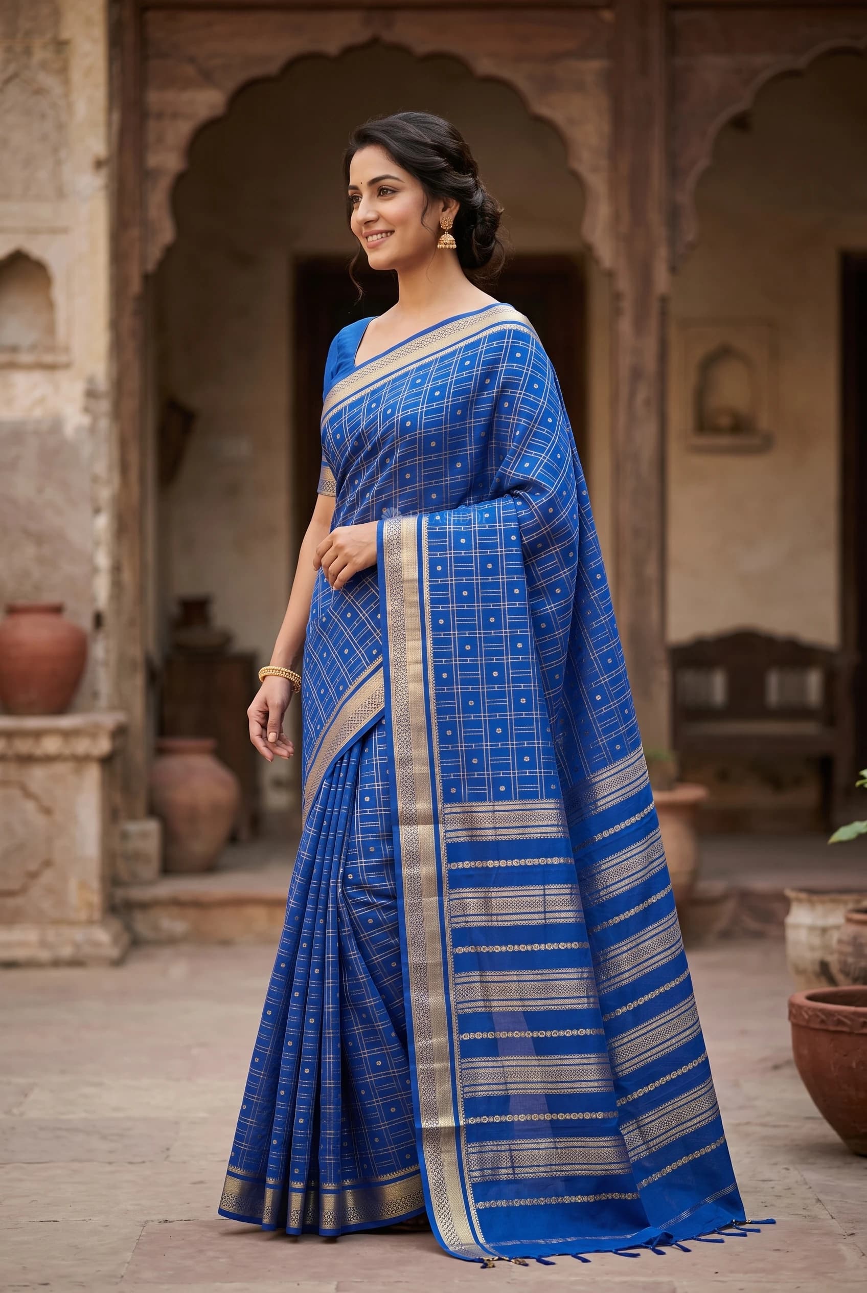 Royal Blue Mysore Silk Saree with Classical Border and Dense Woven Design. – Model Displaying Full Saree