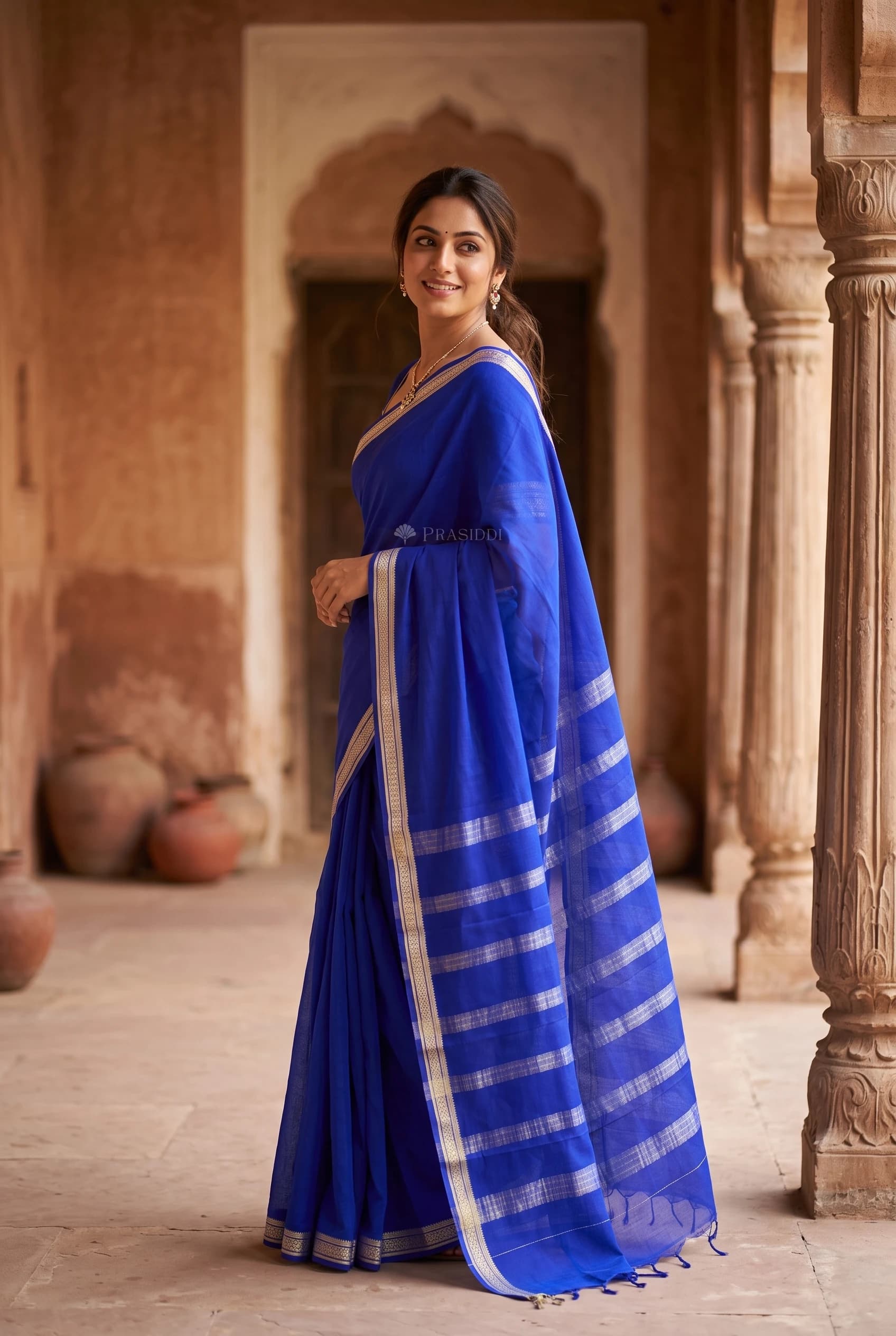 Royal Blue Mysore Silk Saree with Minimal Border and Woven Design. – Model Displaying Full Saree
