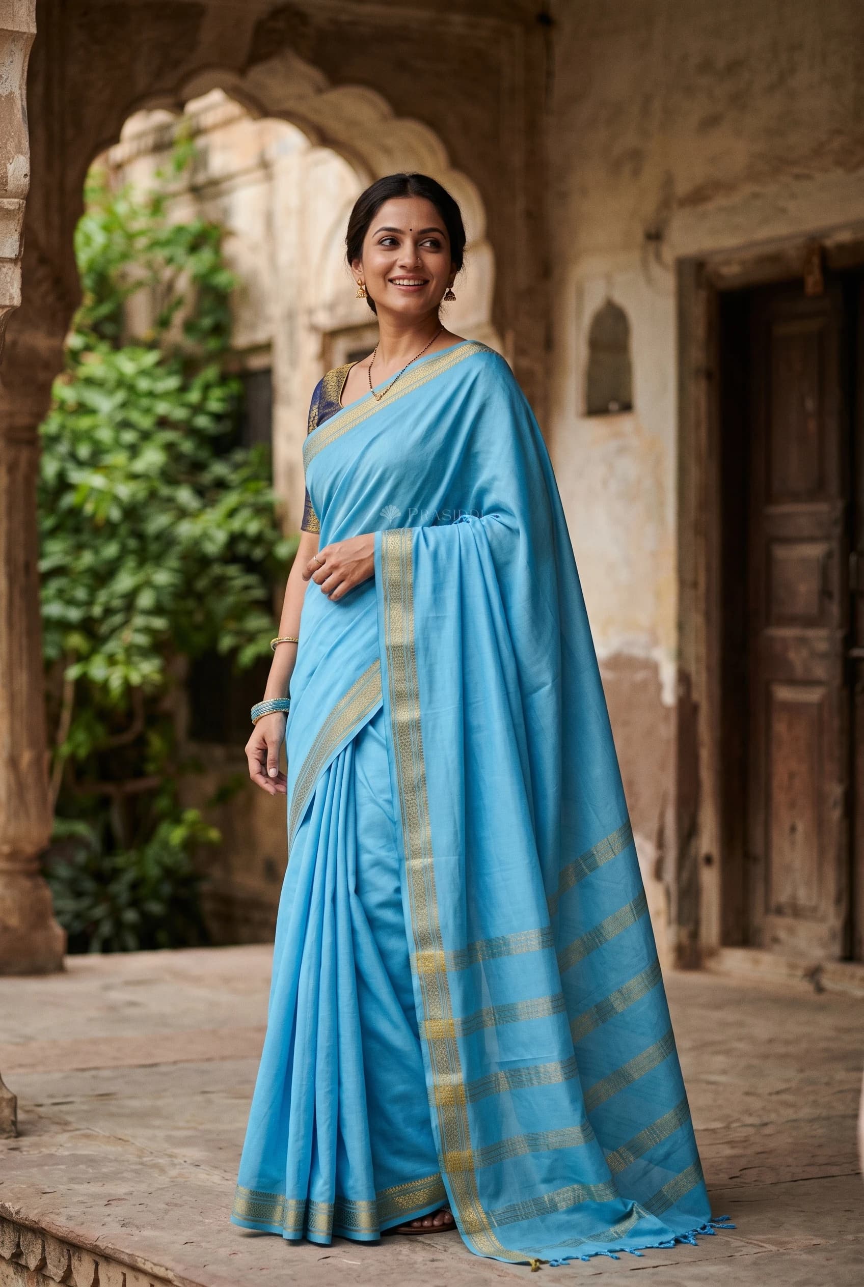 Royal Blue Mysore Silk Saree with Woven Work and Minimal Border – Model Displaying Full Saree