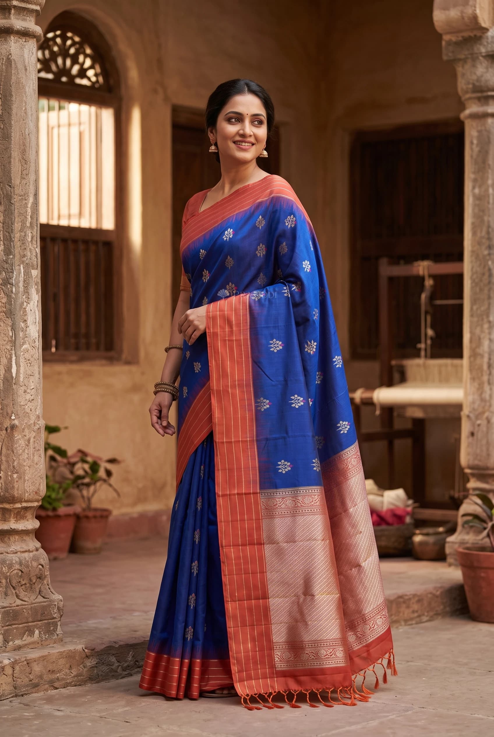 Royal Blue & Orangish Pink Soft Silk Saree with Woven Work and Contrast Border – Model Displaying Full Saree