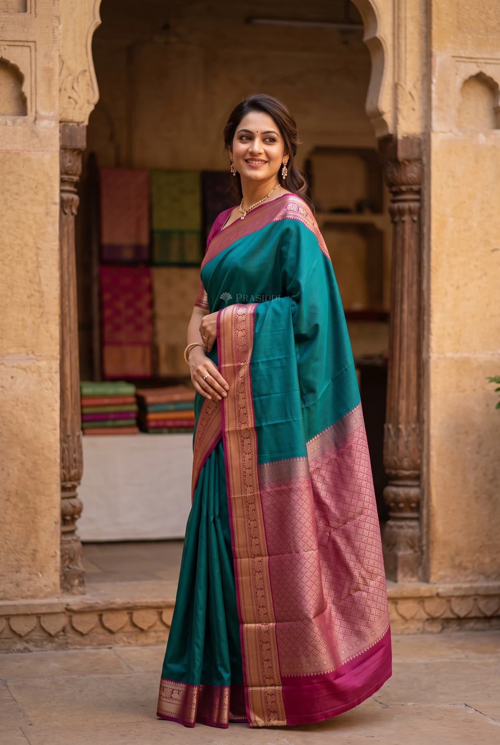 Royal Blue Silk Saree with Purplish Classical Border – Model Displaying Full Saree
