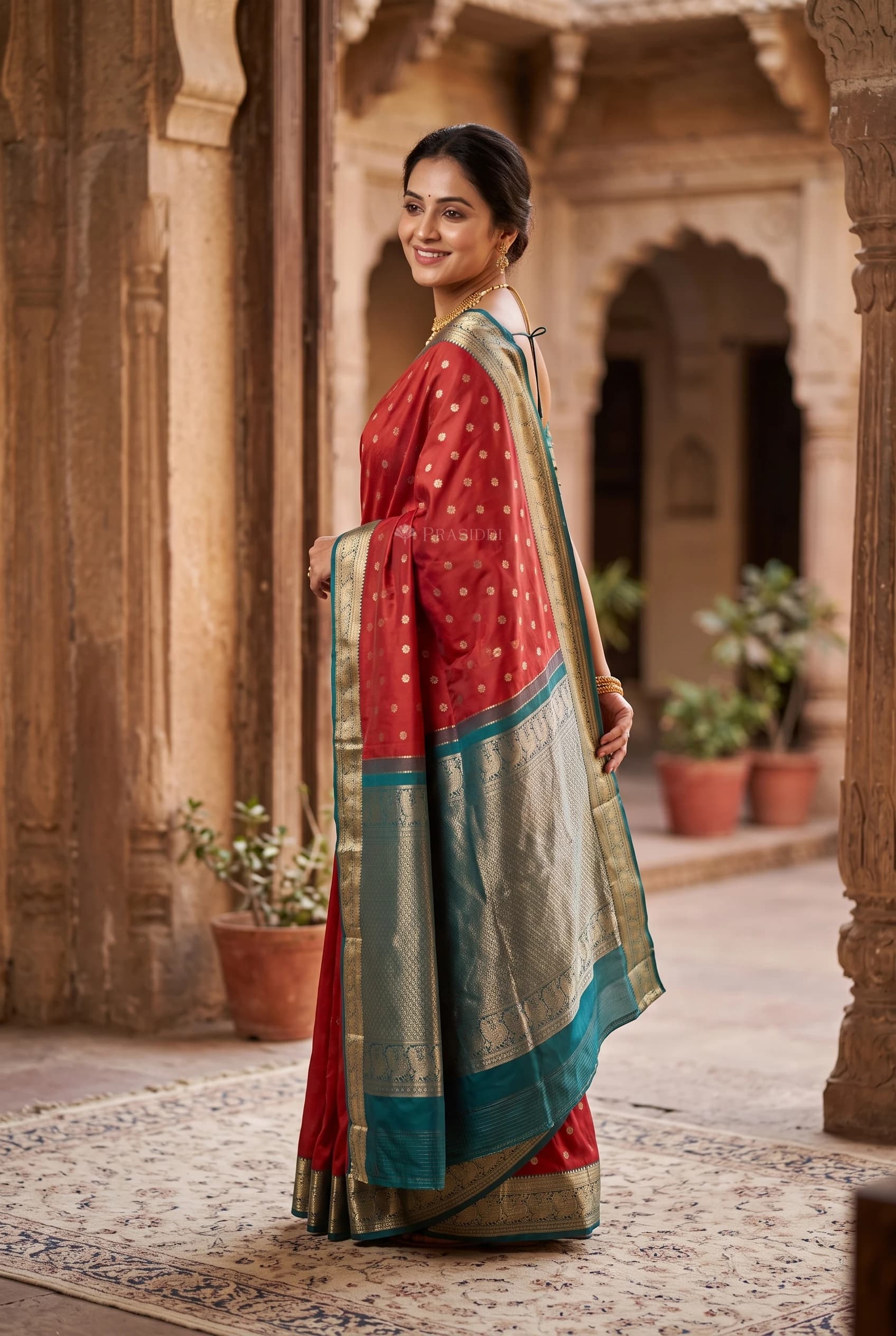 Rustic Marron and Teal Silk Saree with Butti Motif and Contrast Border – Model Displaying Full Saree