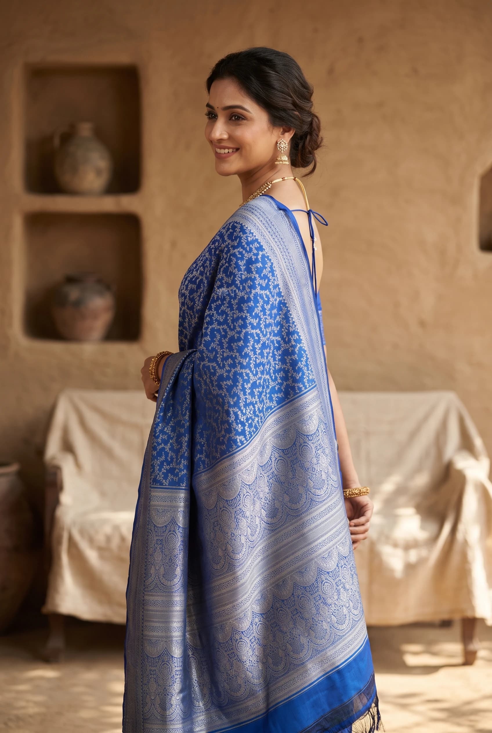 Sapphire Blue Silk Saree with Woven Work and Designer Border – Model Displaying Full Saree